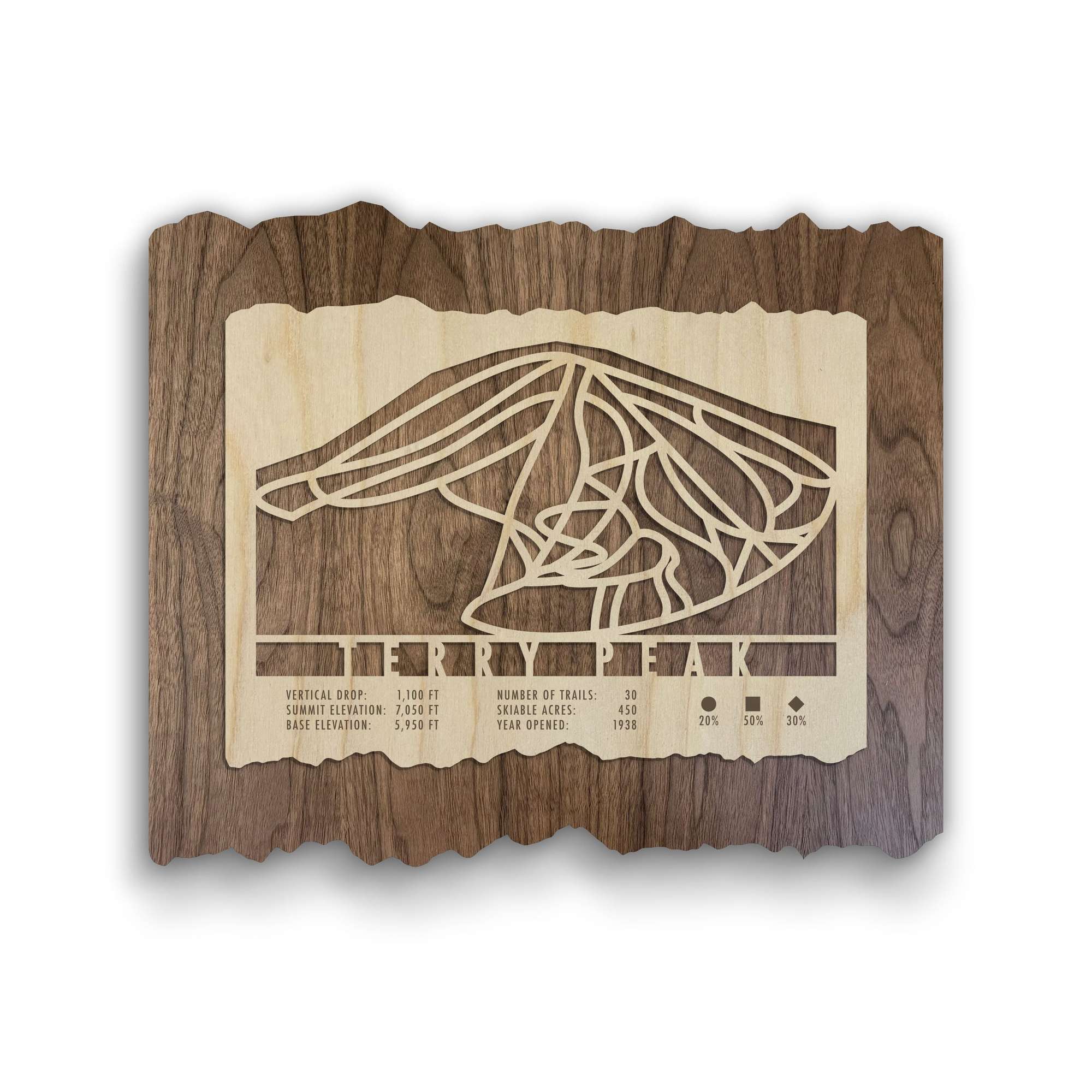 Terry Peak Ski Trail Map - Wood Ski Decor by Mountaincut - Wall art featuring laser-cut ski trails on natural wood, ideal for ski homes or offices.