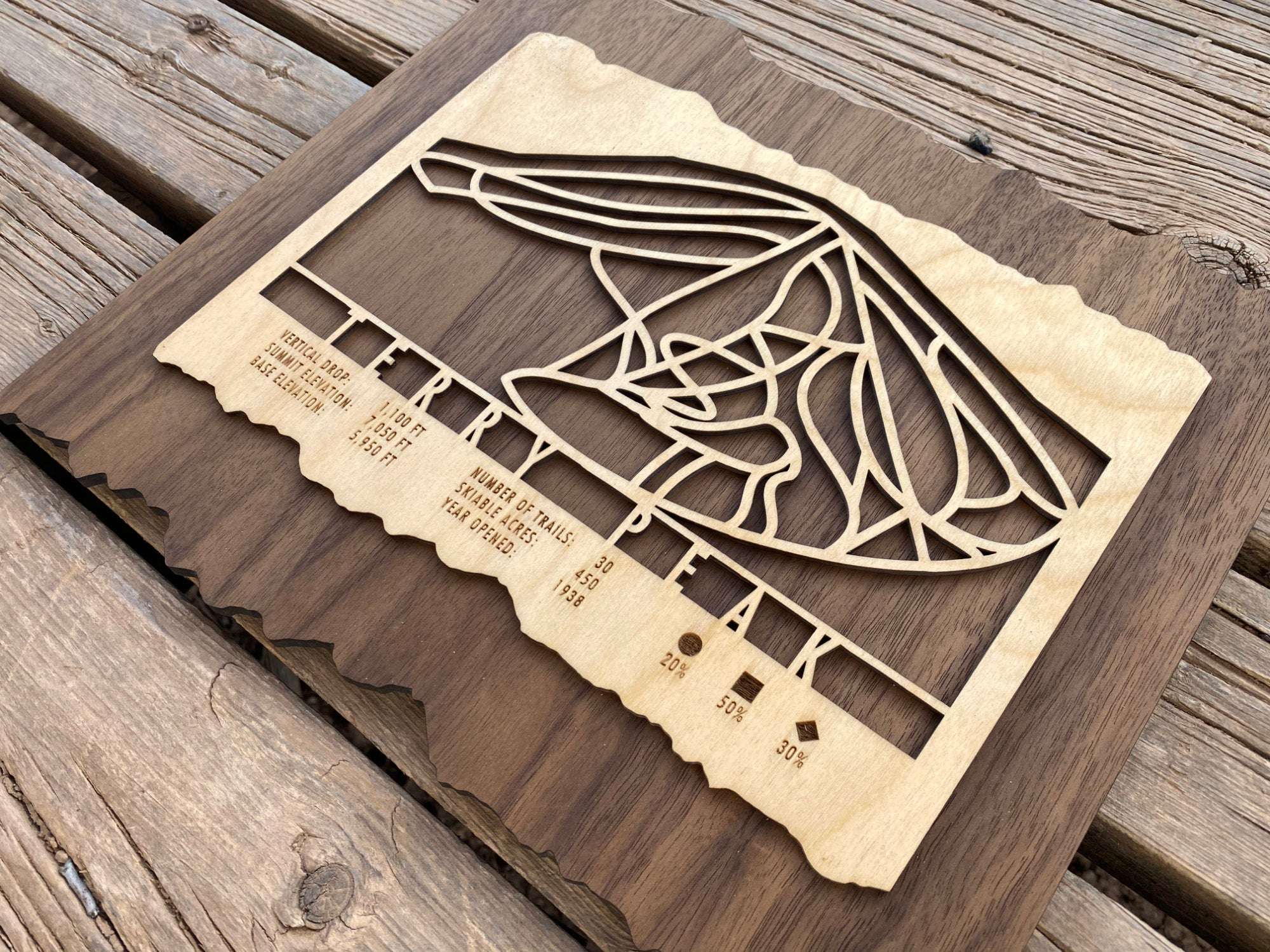 Detailed angled view of Terry Peak Ski Trail Map showing engraved trail lines and elevation stats of this South Dakota ski resort.