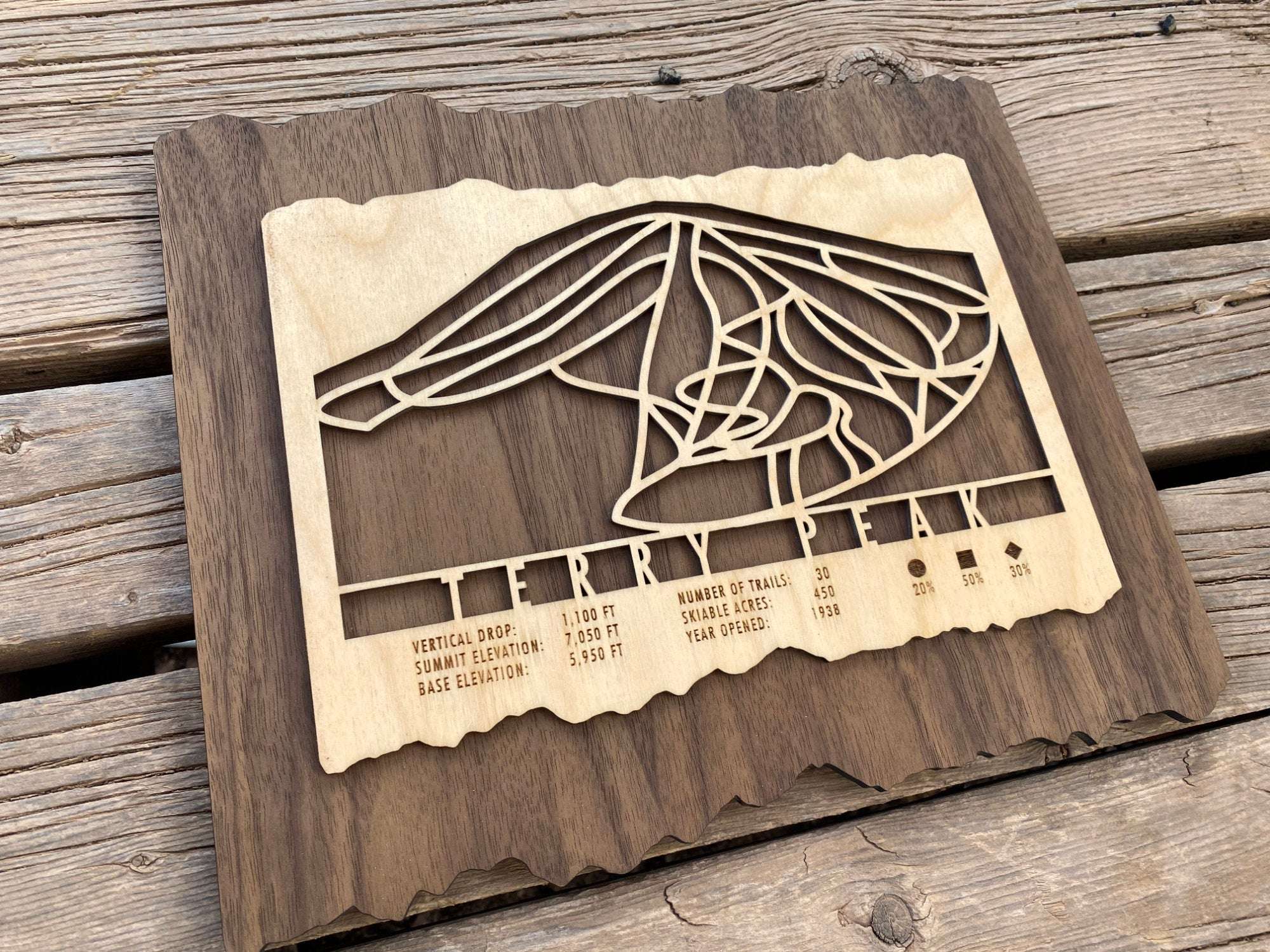 Wooden Terry Peak Ski Trail Map by Mountaincut displayed on rustic wood background, perfect ski decor for South Dakota enthusiasts.