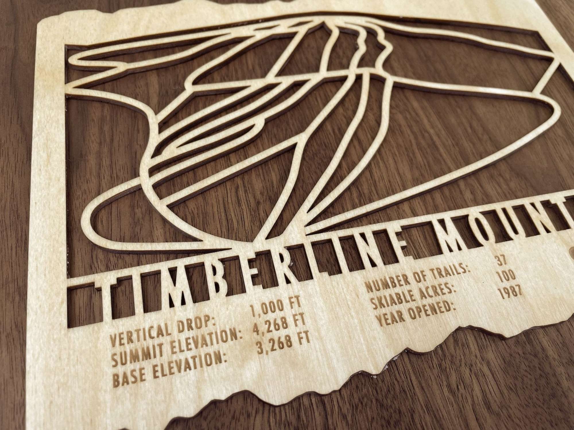 Detailed view of Timberline Mountain wood ski map with engraved elevation, trail count, and skiable acres, ideal wall decor for skiers.