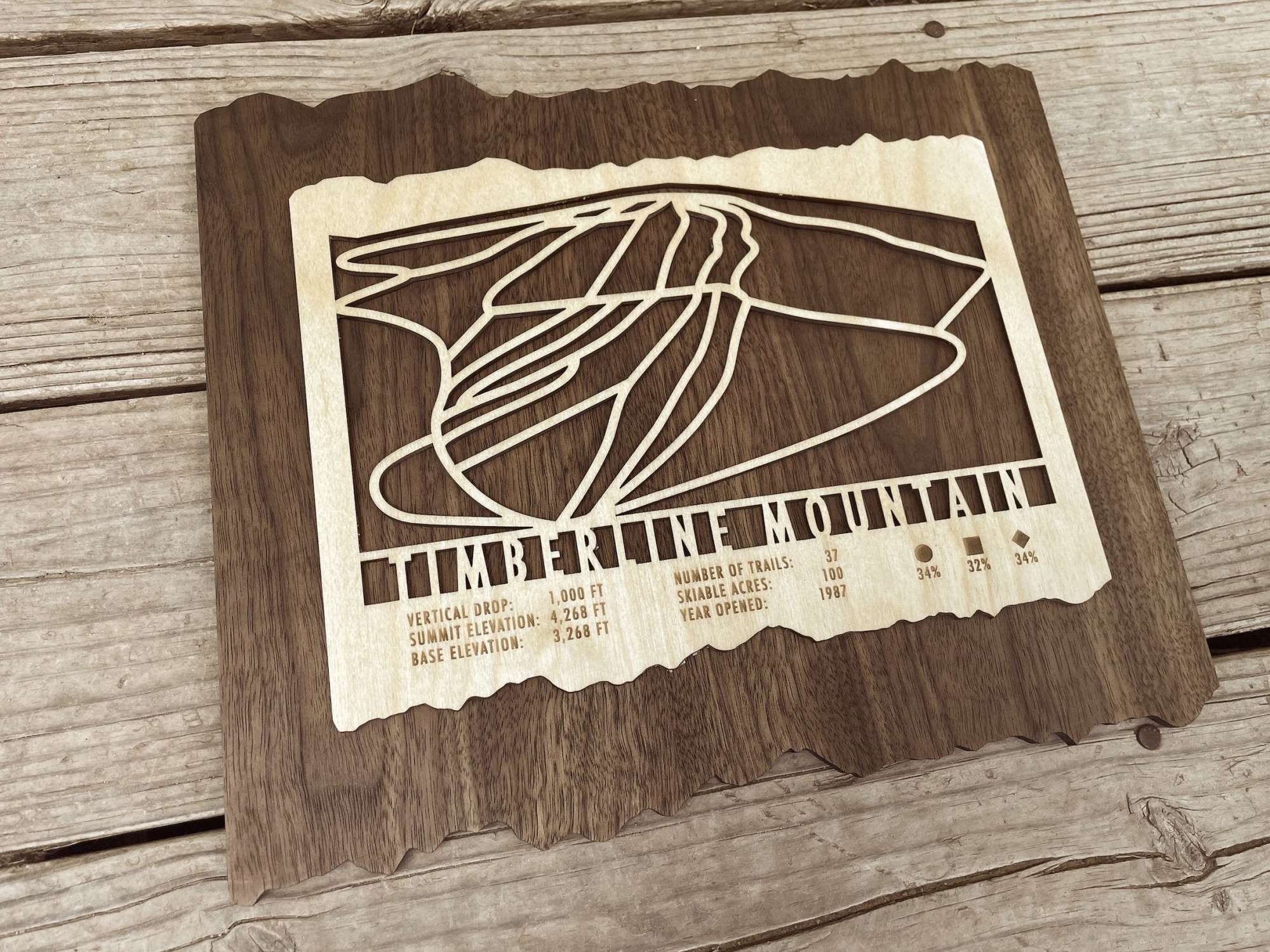 Wooden Timberline Mountain Ski Trail Map displayed on a wooden surface, perfect ski decor for home or office in West Virginia.