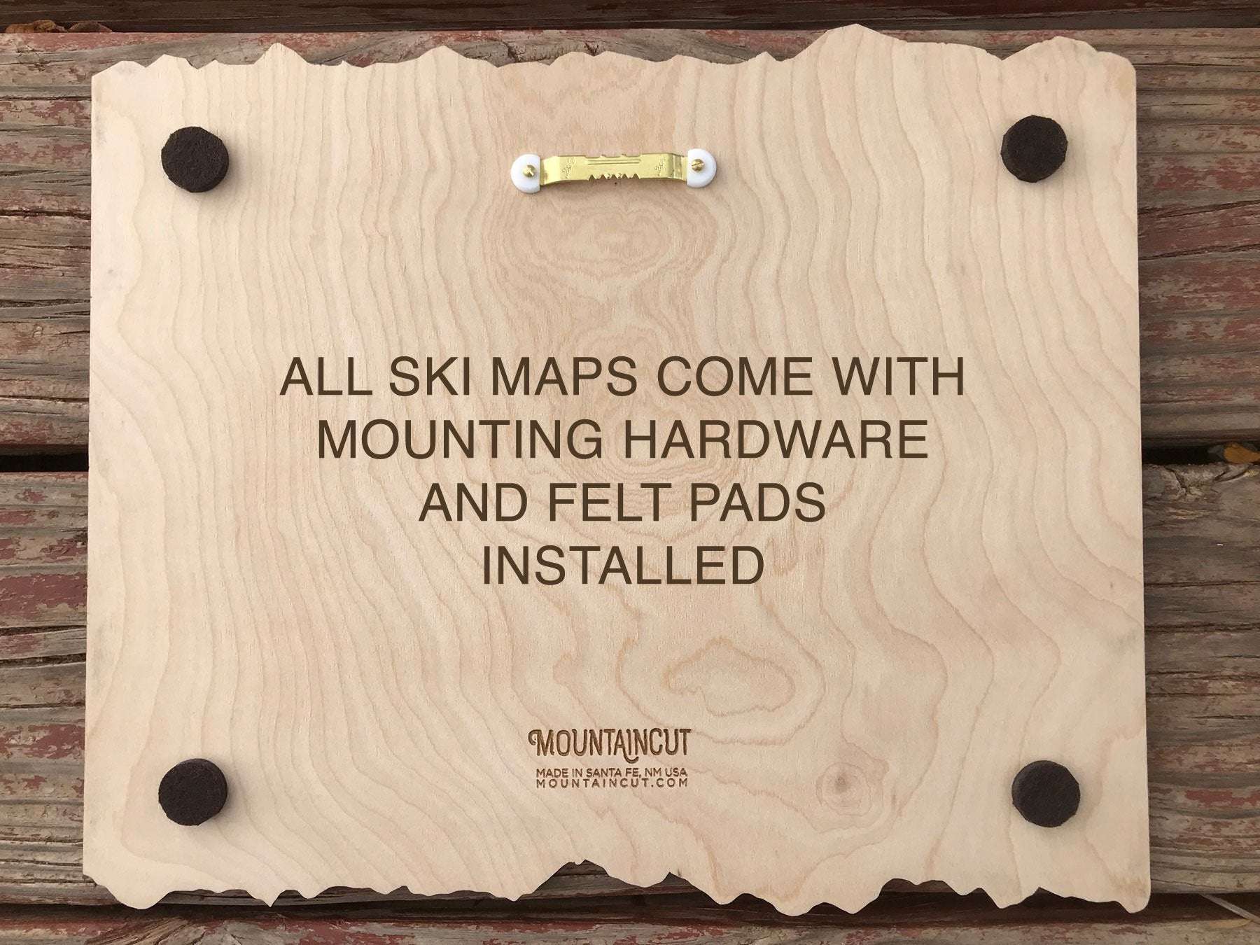 Back of Timberline Oregon Ski Trail Map - Wood Ski Decor - Mountaincut showing mounting hardware and felt pads for easy wall installation.
