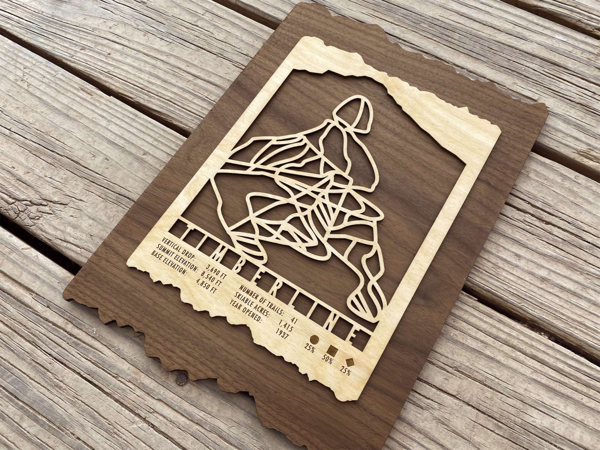 Angled view of Timberline Oregon Ski Trail Map - Wood Ski Decor - Mountaincut showing intricate trail design and rustic wood finish.