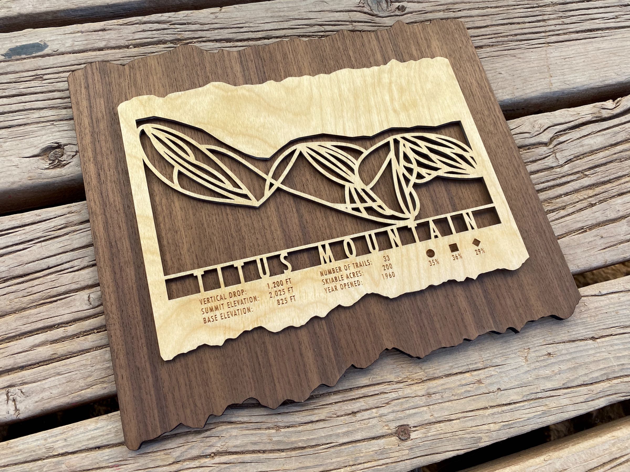 Wooden Titus Mountain ski trail map decor by Mountaincut, ideal for ski lodge or home wall display with engraved trail details.