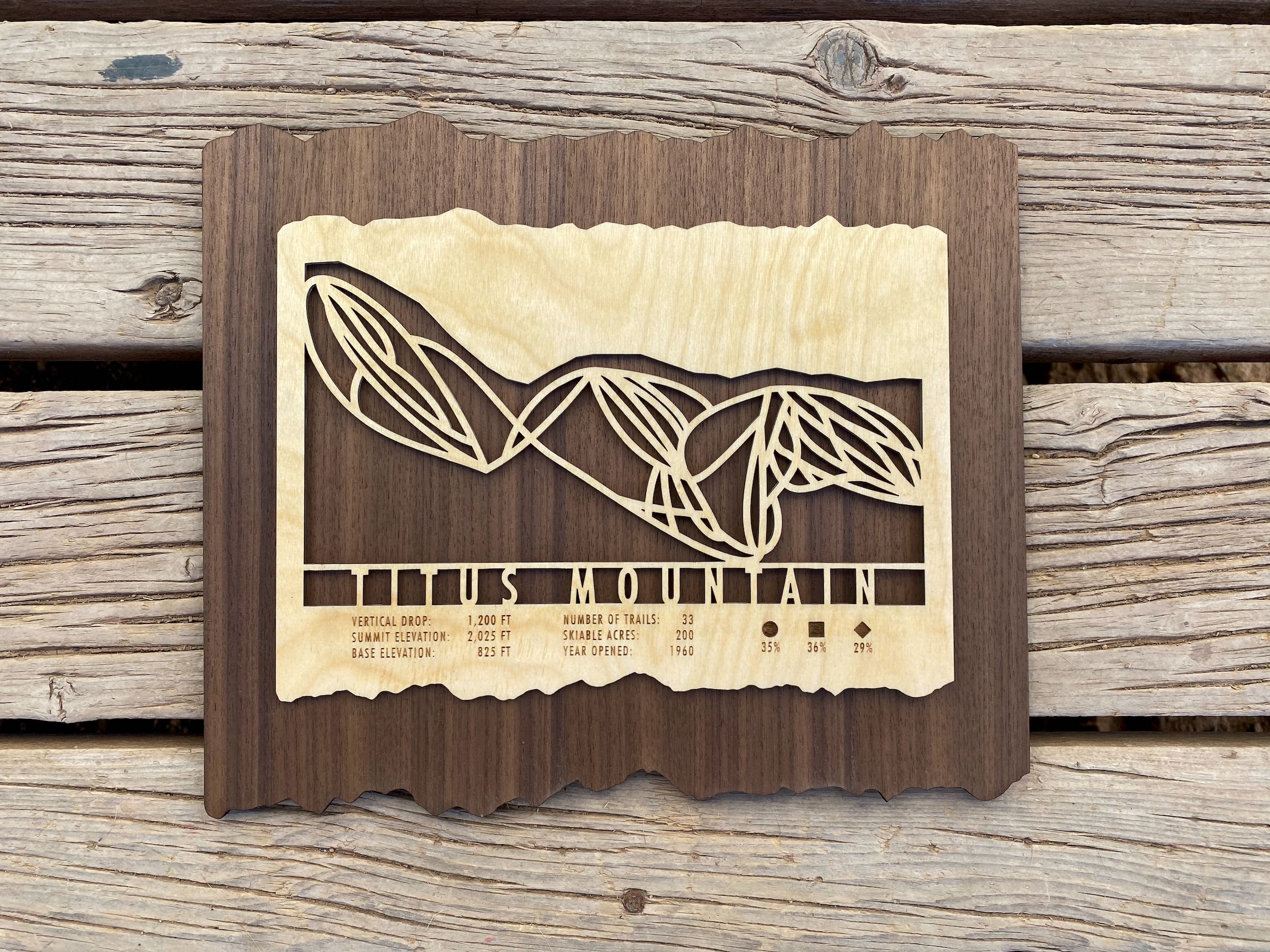 Rustic wooden Titus Mountain ski trail map decor with laser-cut design, perfect gift for skiers and mountain home decoration.