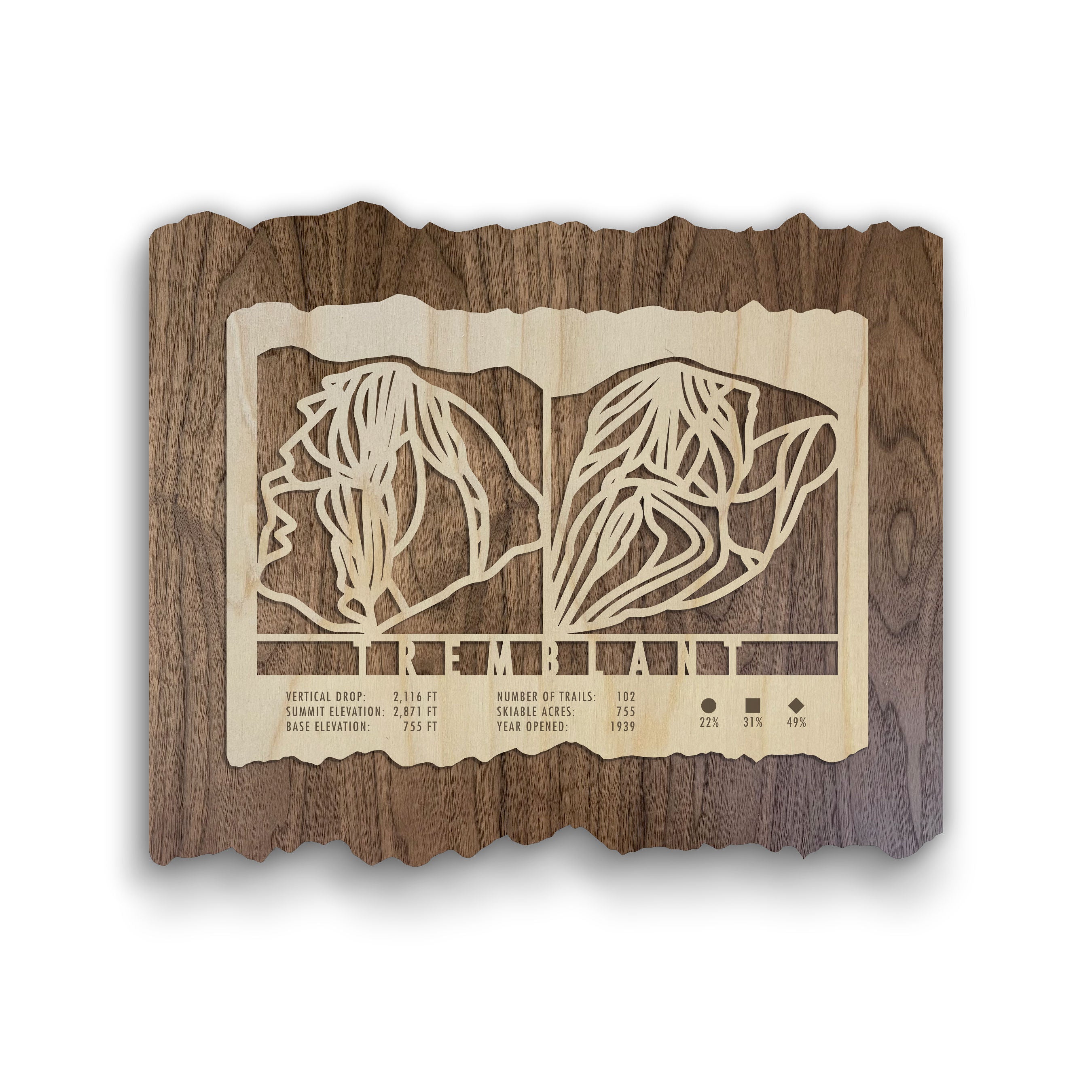 Mont Tremblant Ski Trail Map - Wood Ski Decor - Mountaincut wall art featuring engraved ski trails and resort stats on rustic wood.