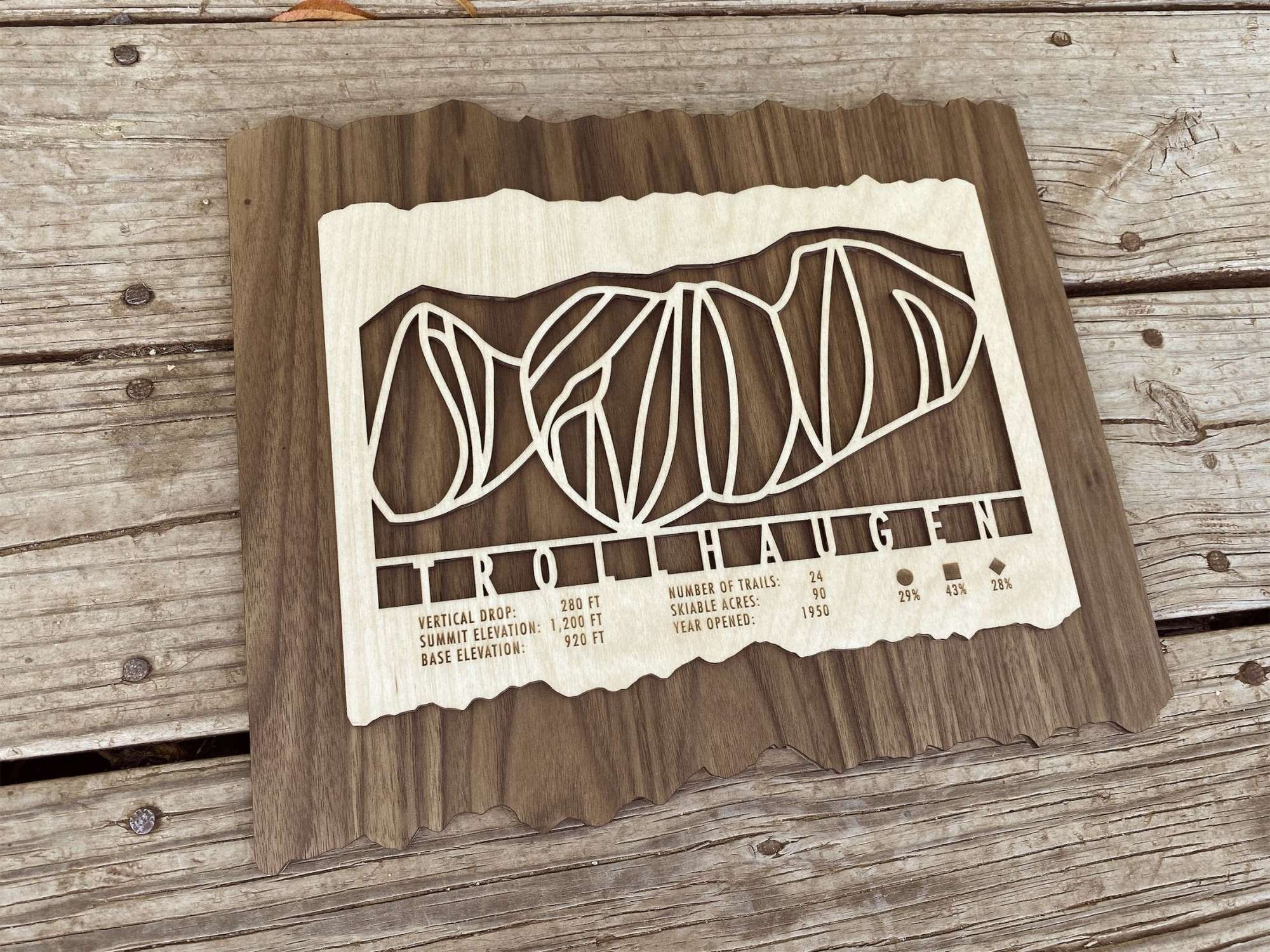 Wooden Trollhaugen Ski Trail Map by Mountaincut displayed on rustic wood background, perfect wall art for ski cabins or offices.