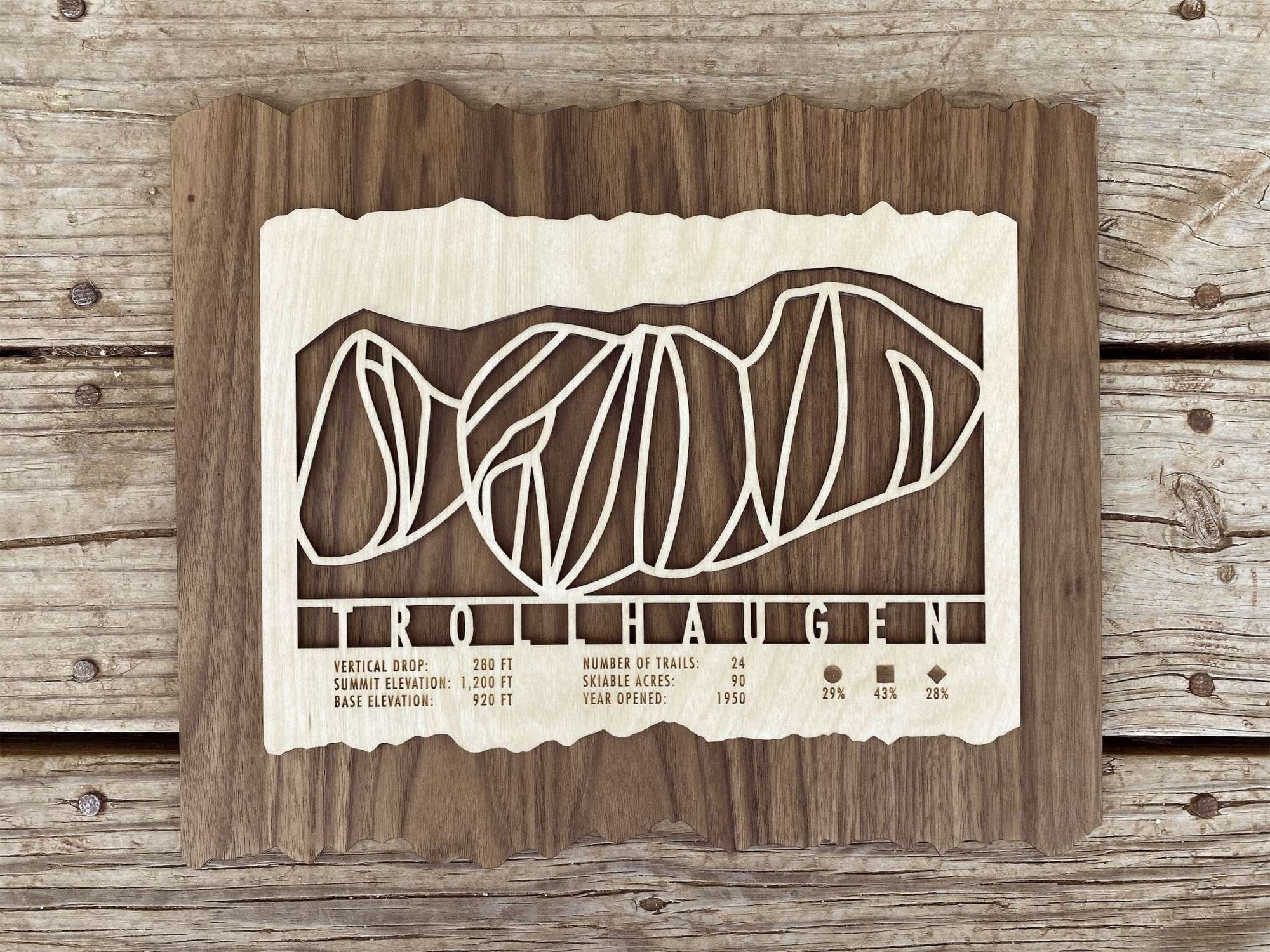 Flat-lay of Trollhaugen Ski Trail Map in wood by Mountaincut, showcasing trail layout and resort data, ideal for ski-themed wall art.