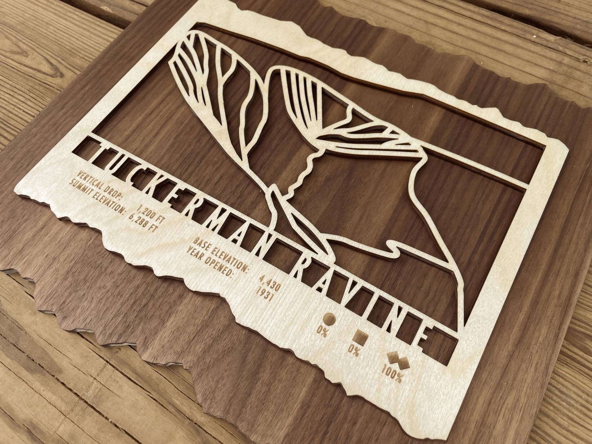 Close-up of Tuckerman Ravine Map - Wood Ski Decor showing intricate laser-cut trail design and engraved elevation data for ski enthusiasts.