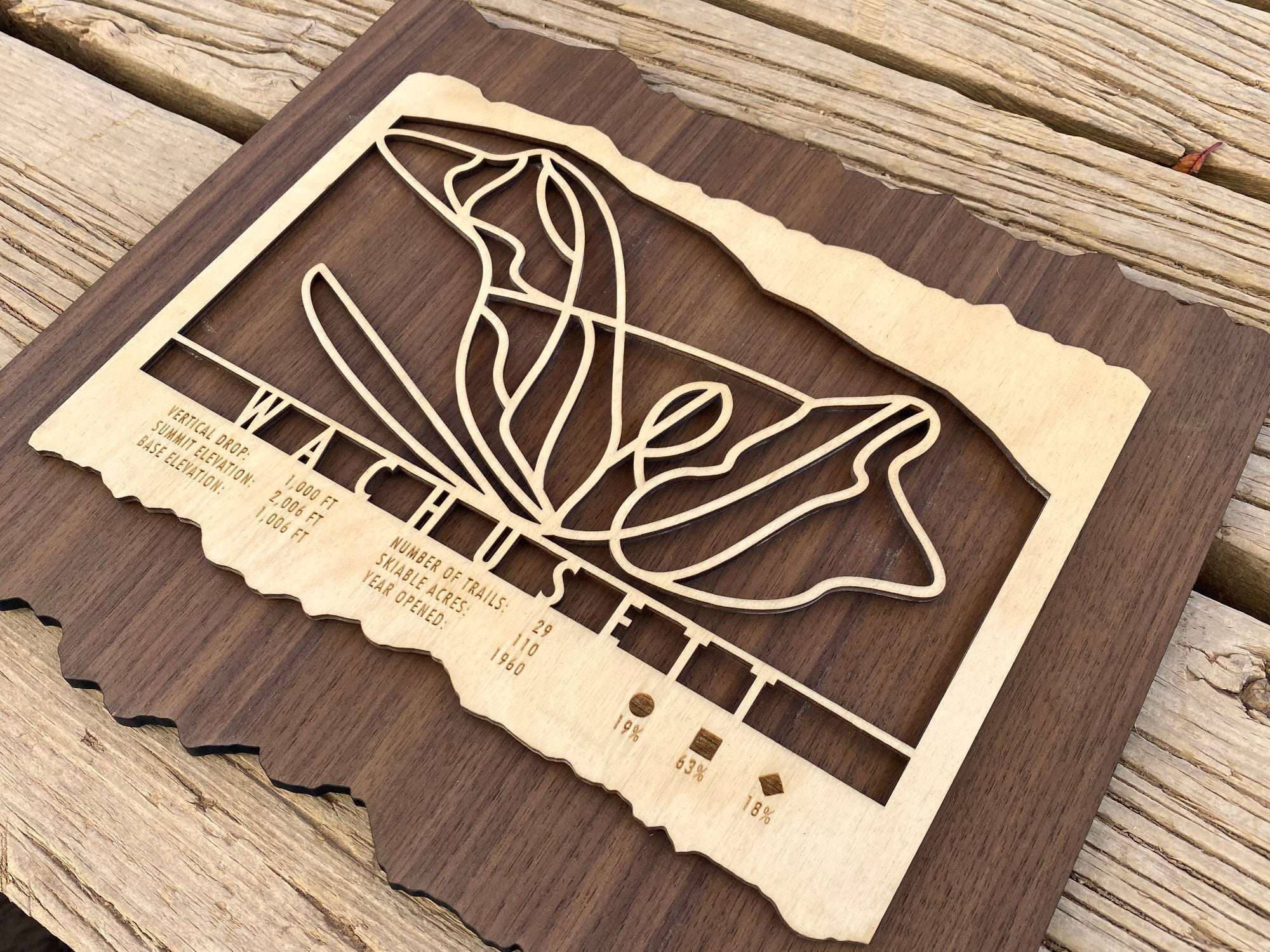 Close-up angled view of Wachusett Ski Trail Map - Wood Ski Decor showing intricate trail design and engraved mountain stats on layered wood.