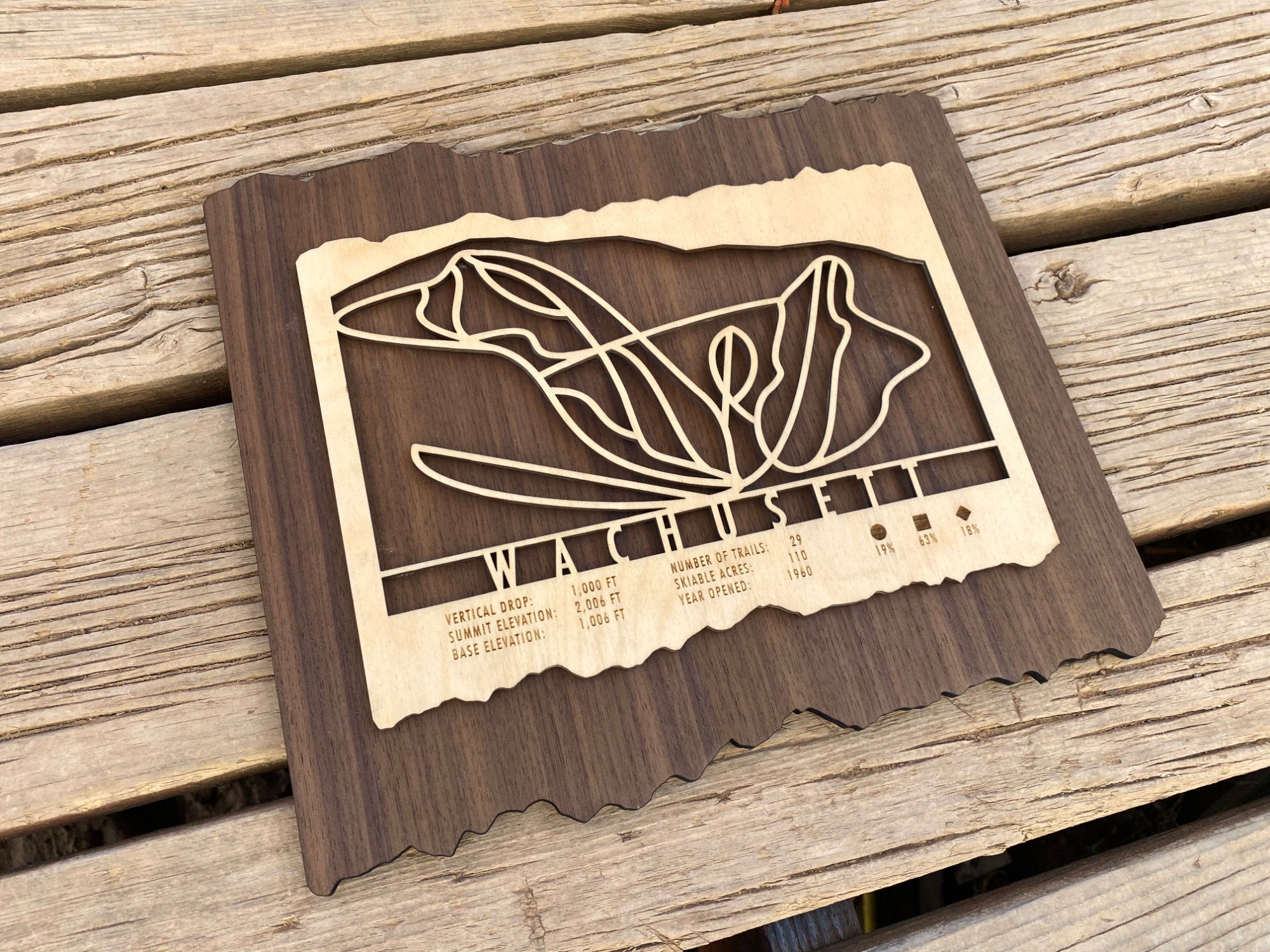 Wooden Wachusett Ski Trail Map decor placed on a wooden surface, showcasing trails and engraved mountain stats of the Massachusetts ski area.