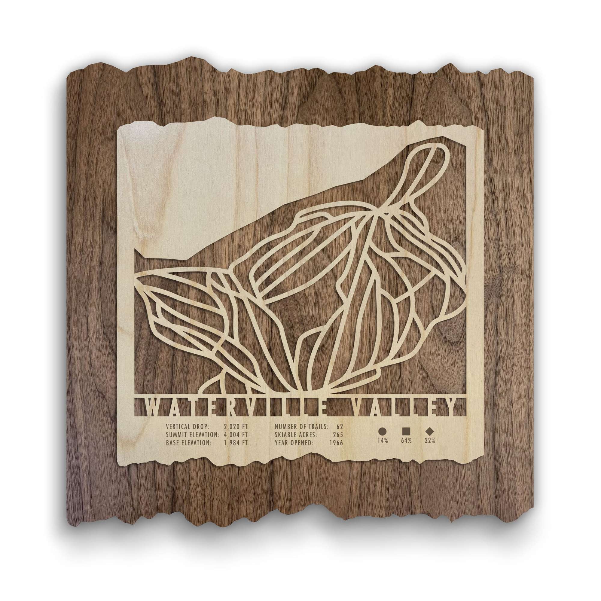 Waterville Valley Ski Trail Map - Wood Ski Decor by Mountaincut featuring laser-cut trail lines and resort stats on a rustic wood background.