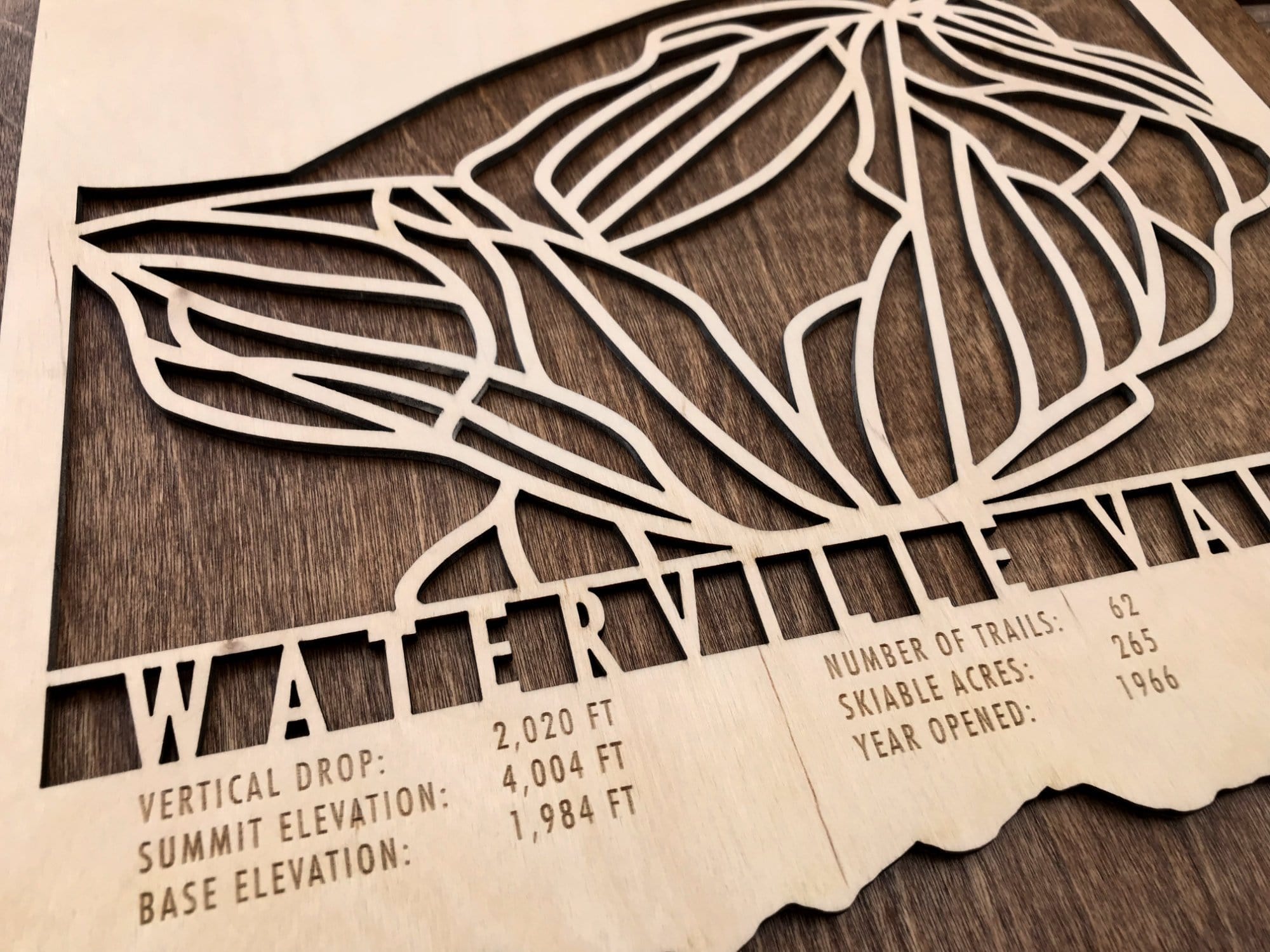 Close-up of Waterville Valley wood ski map showing precise trail cutouts and engraved resort stats including elevation and number of trails.