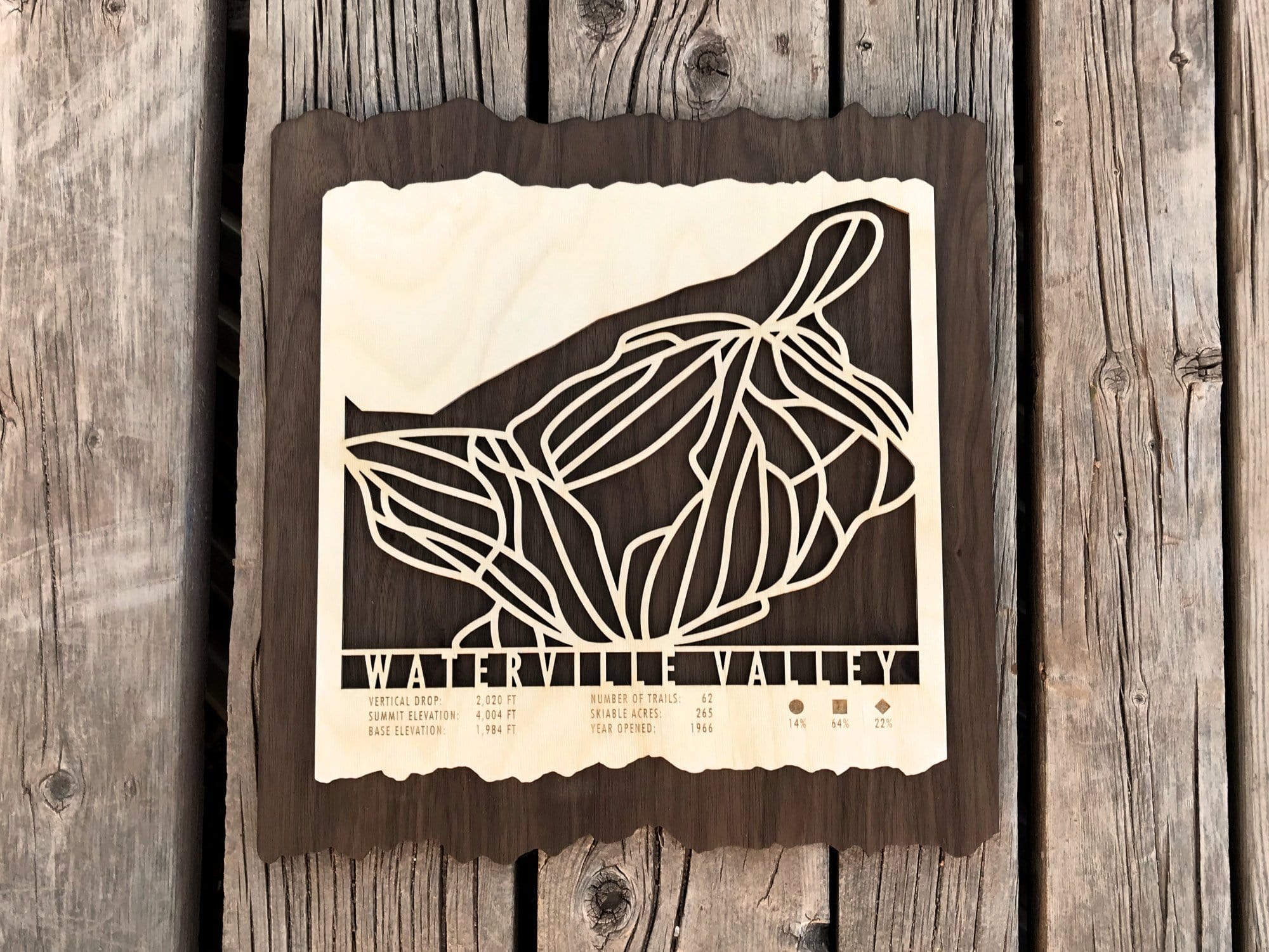 Rustic wood wall art of Waterville Valley Ski Trail Map with detailed trail design and engraved resort information, perfect ski house decor.