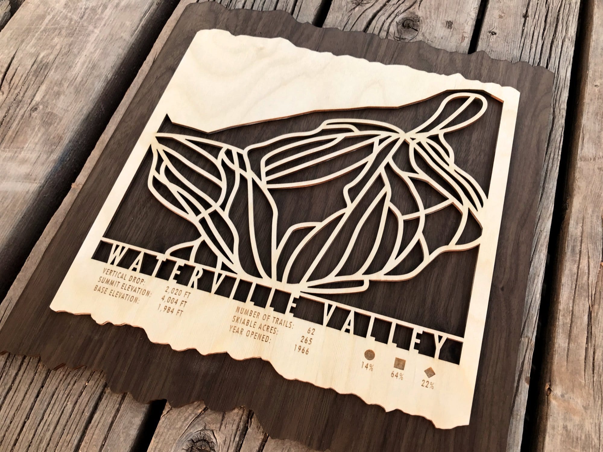 Wooden Waterville Valley Ski Trail Map decor piece with engraved trail layout and resort details, ideal for ski homes or mountain cabins.