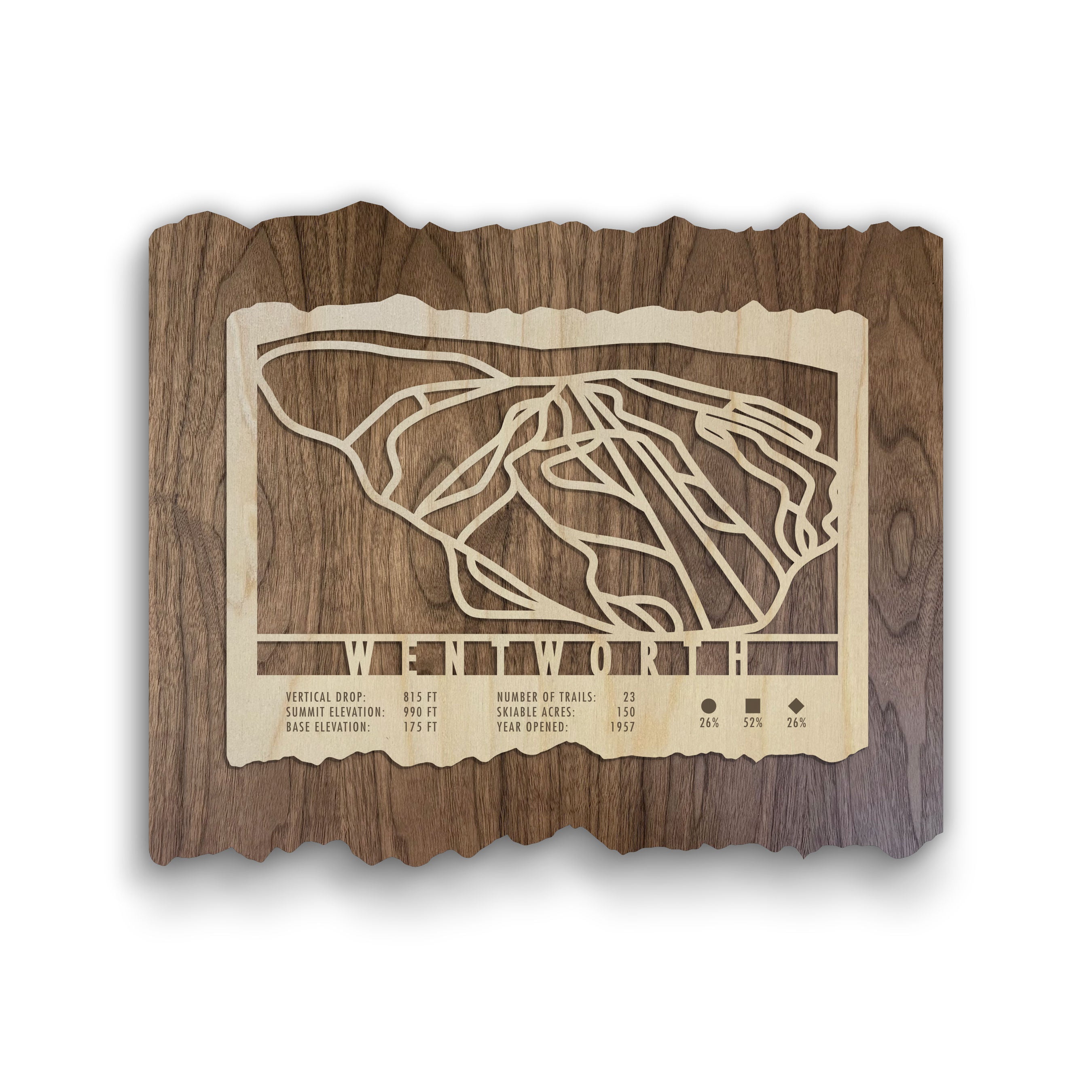 Wentworth Wood Ski Trail Map features laser-cut ski trails on natural wood, ideal ski decor for home or office walls.