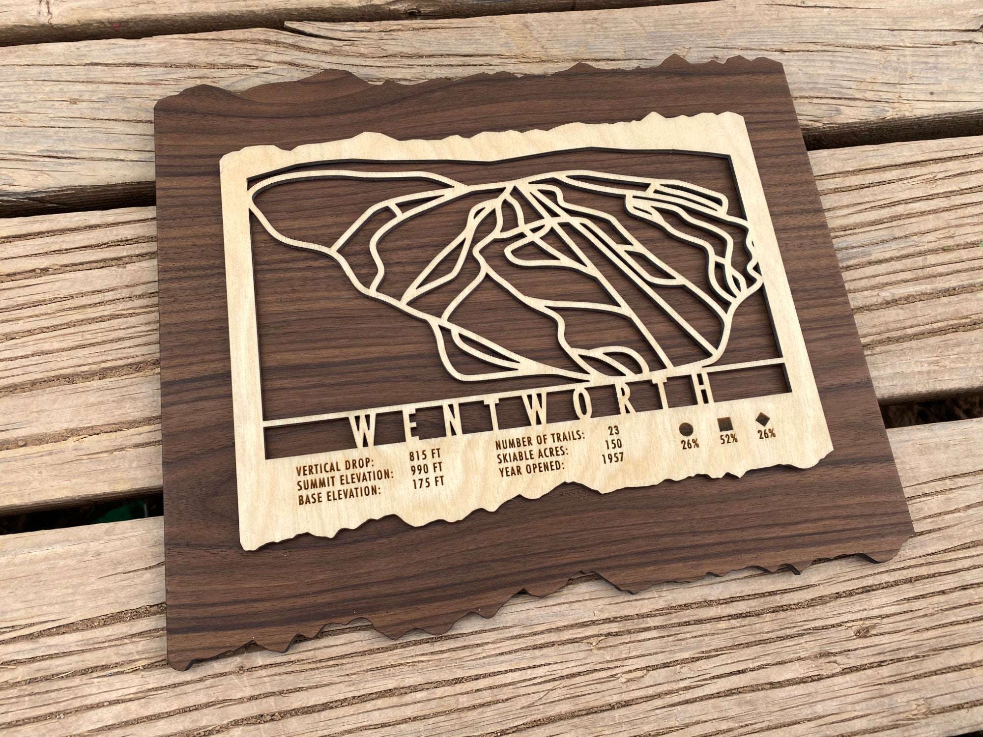 Wentworth Ski Trail Map made of wood displayed on rustic wooden surface, perfect ski-themed wall art for ski houses.