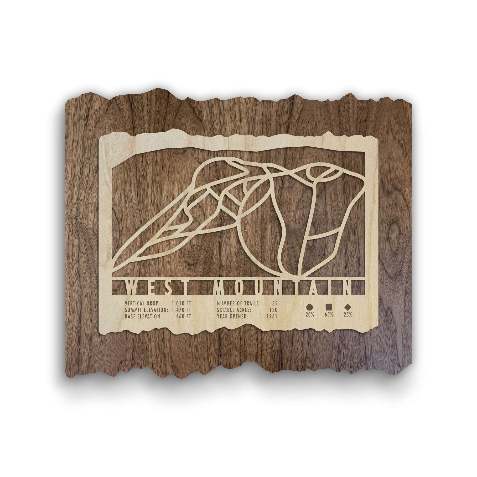 West Mountain Ski Trail Map - Wood Ski Decor by Mountaincut featuring laser-cut ski trails on rustic wood, ideal for ski lodge wall art.