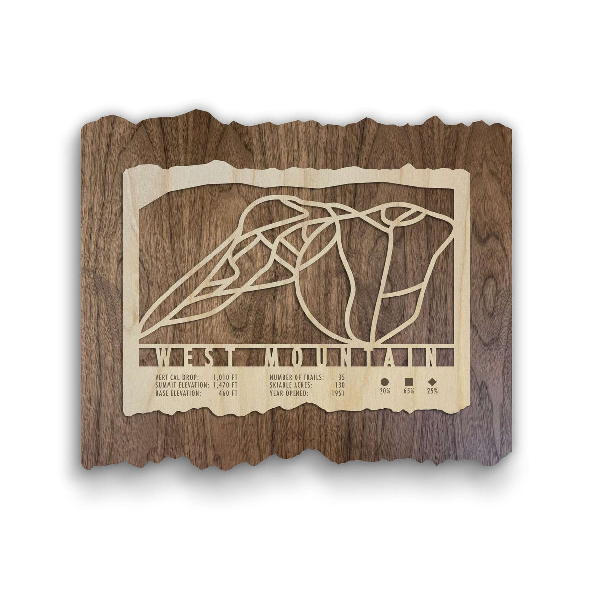 West Mountain Ski Trail Map - Wood Ski Decor by Mountaincut featuring laser-cut ski trails on rustic wood, ideal for ski lodge wall art.