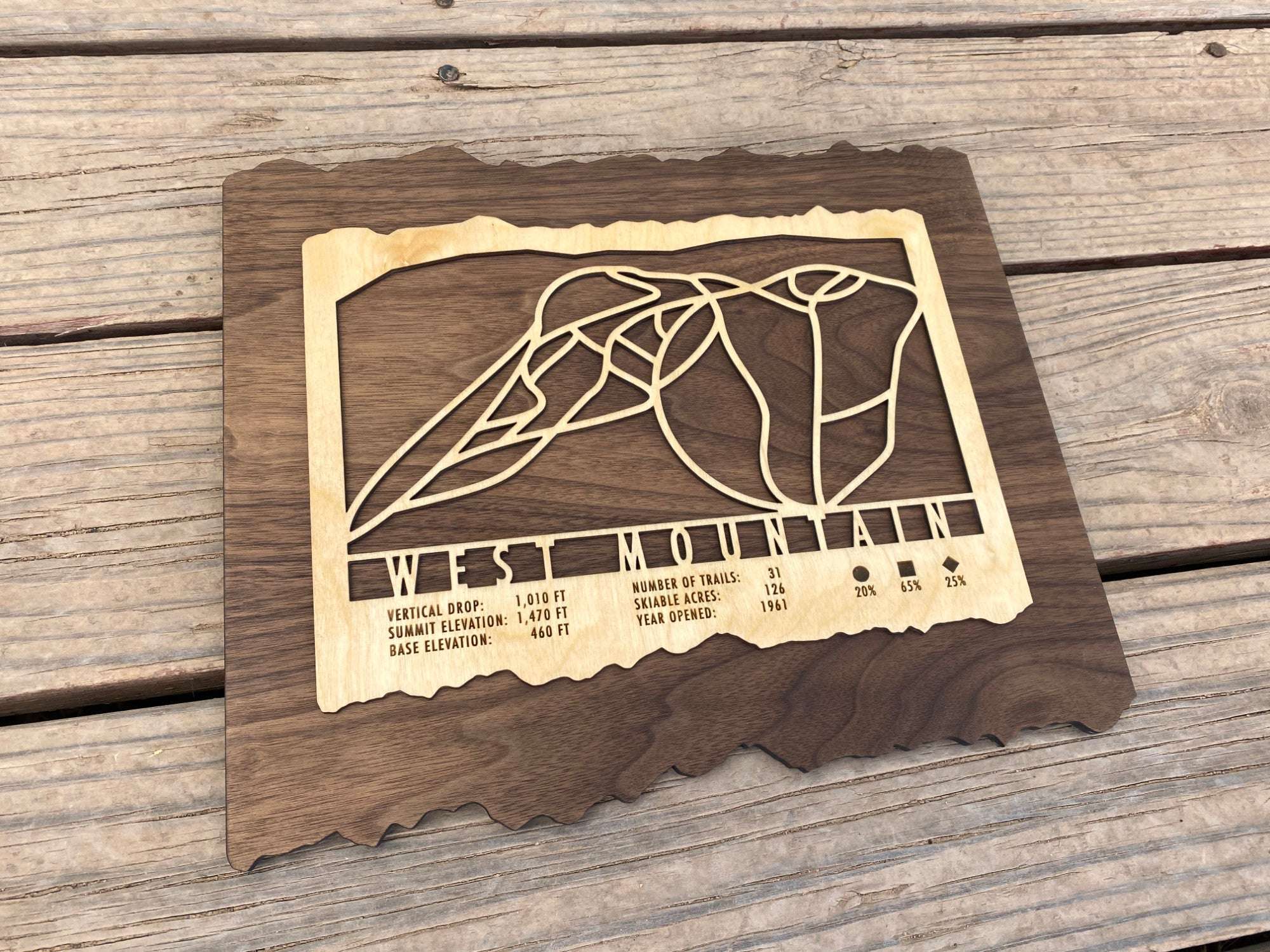 Wooden West Mountain Ski Trail Map decor, showcasing engraved trail details of this ski area located in Queensbury, New York.