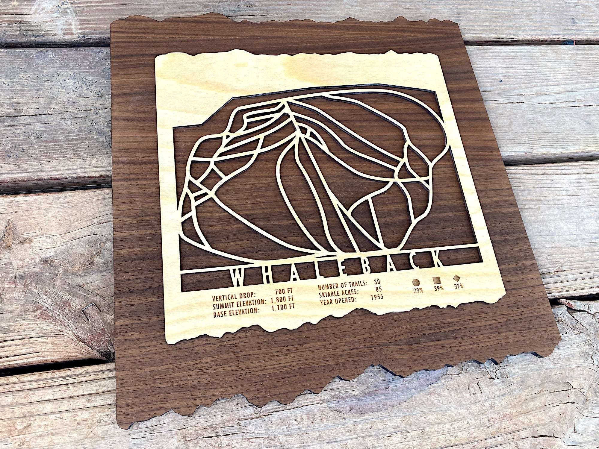 Wooden Whaleback Mountain Ski Trail Map decor by Mountaincut, showing detailed ski runs on rustic wood, perfect for home or office display.