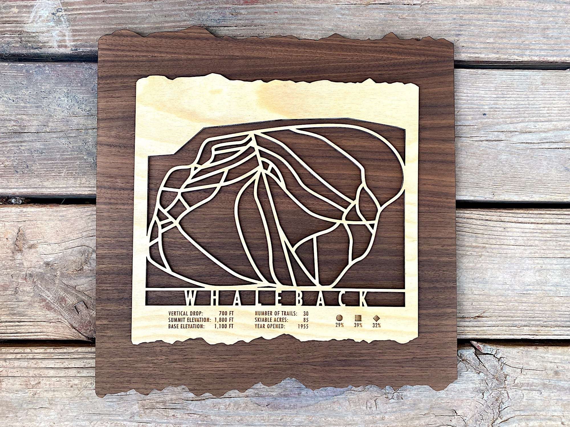 Whaleback Mountain wood ski trail map with engraved ski runs and mountain stats, a handcrafted decor piece for ski cabins or lodges.