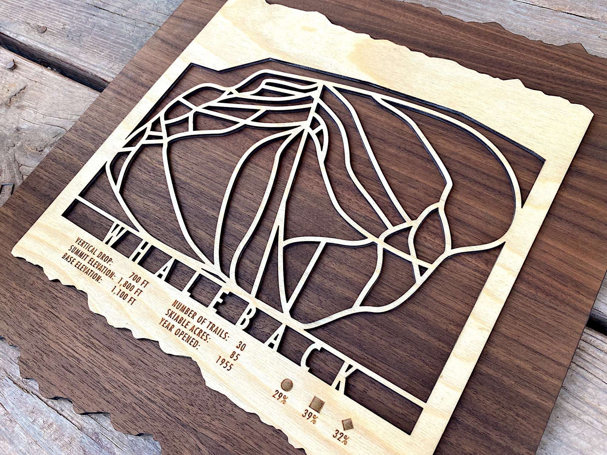 Angled view of Whaleback Mountain Ski Trail Map in wood, showcasing intricate trail design and engraved mountain stats for the New Hampshire ski area.