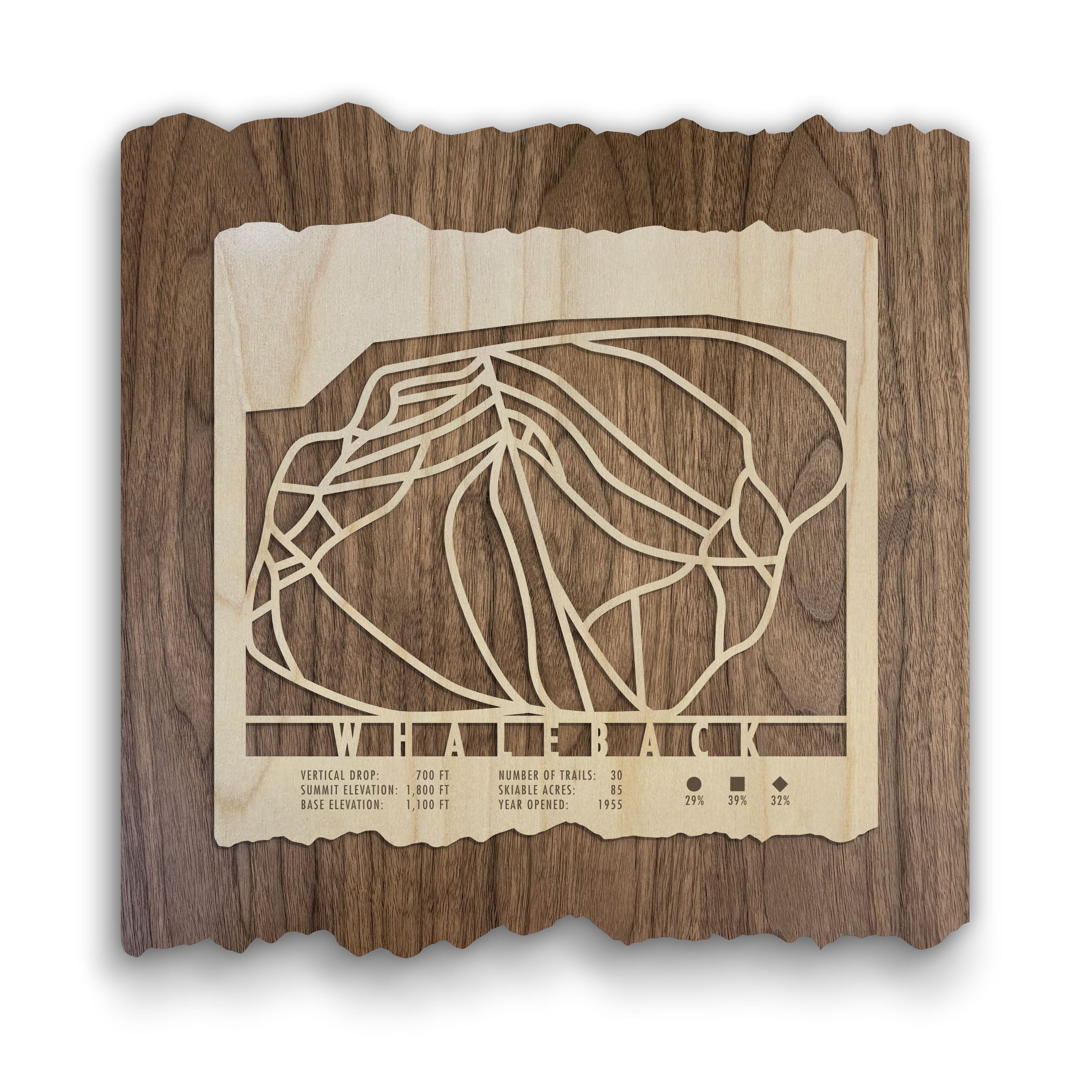 Whaleback Mountain Ski Trail Map - Wood Ski Decor - Mountaincut wall art featuring engraved ski trails on natural wood, ideal for ski homes.