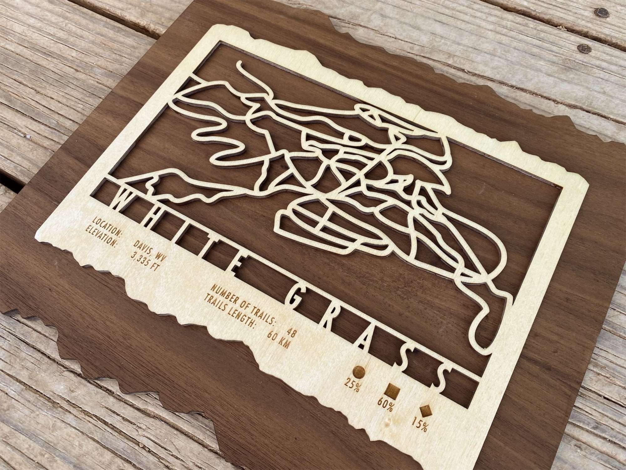 White Grass Trail Map - Wood Ski Decor - Mountaincut showing 48 XC trails in Davis, WV, engraved on layered wood for rustic wall art.