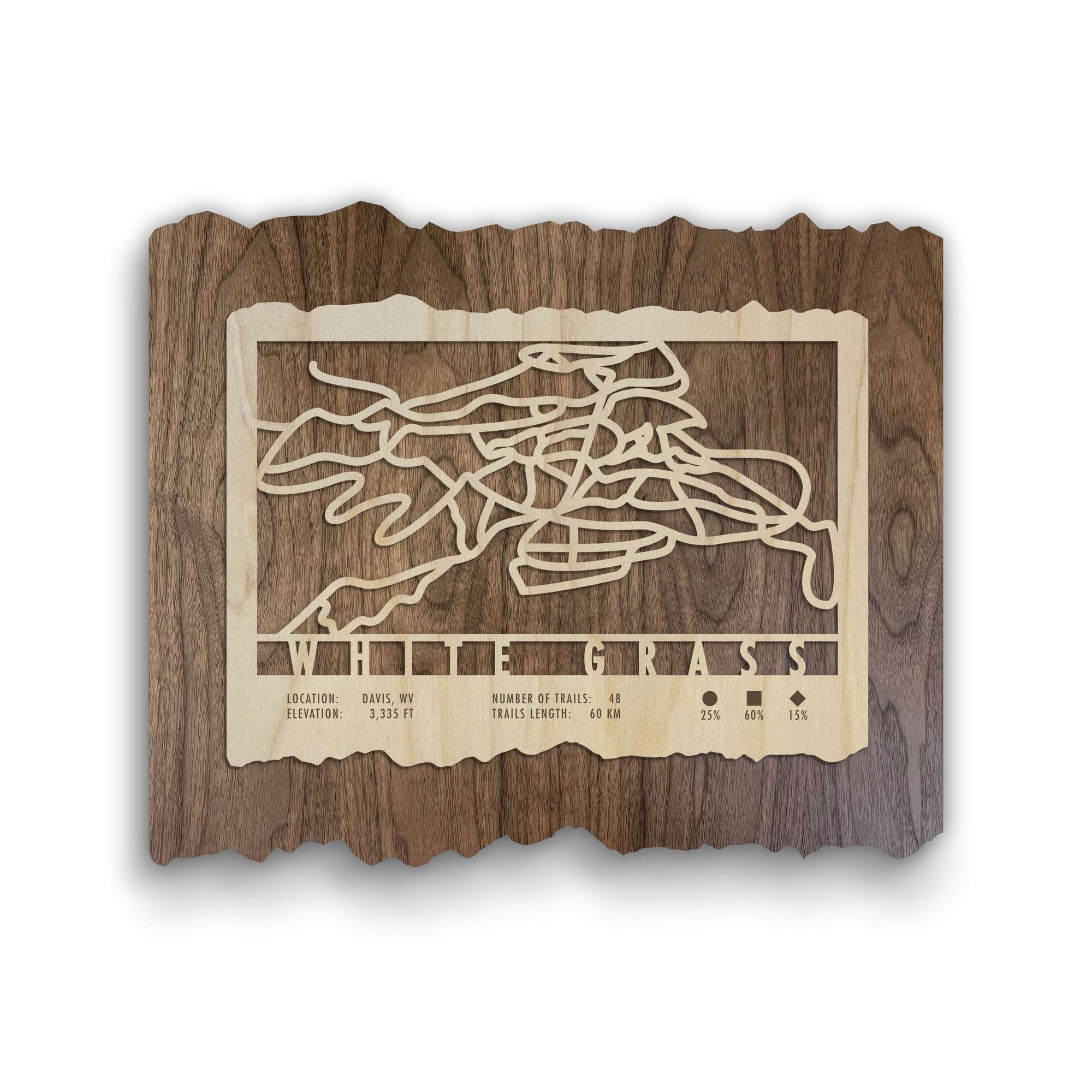 White Grass Trail Map - Wood Ski Decor - Mountaincut featuring laser-cut XC ski trails on rustic wood with elevation and trail stats.