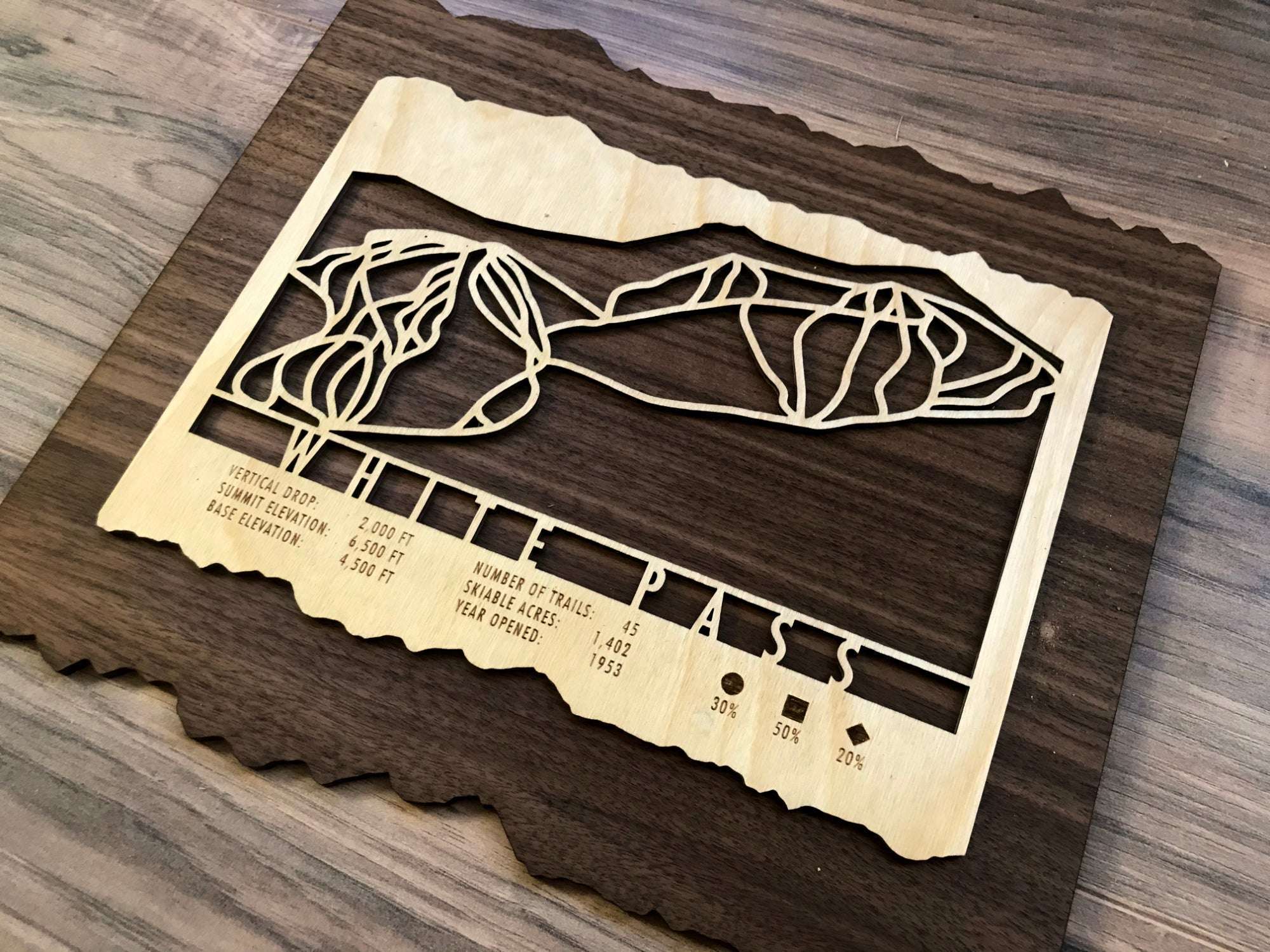Angled view of White Pass Ski Trail Map - Wood Wall Art  showing detailed carving and natural wood grain texture.