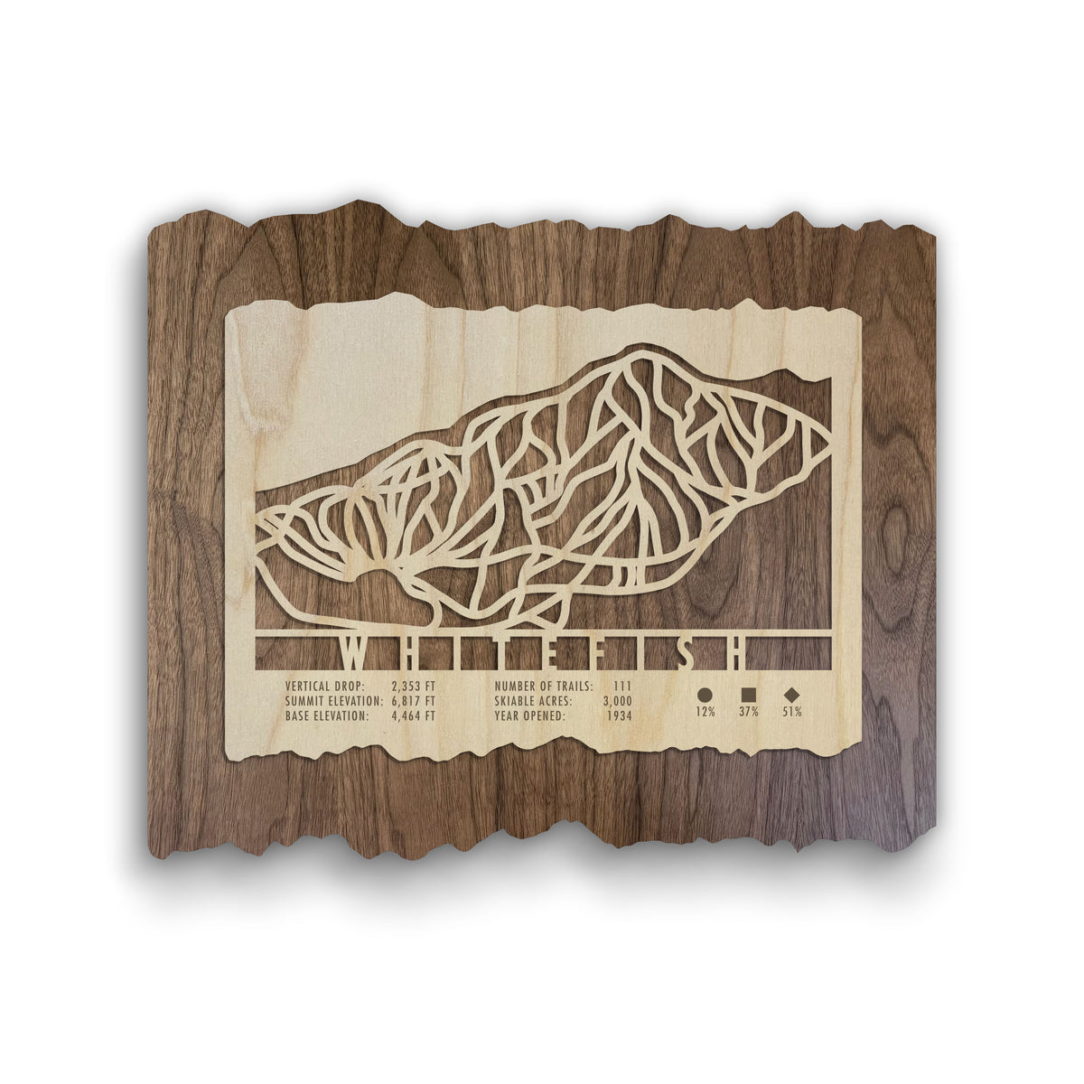Whitefish Ski Trail Map - Wood Ski Decor by Mountaincut featuring laser-cut ski runs on natural wood, ideal for rustic home or lodge wall art.