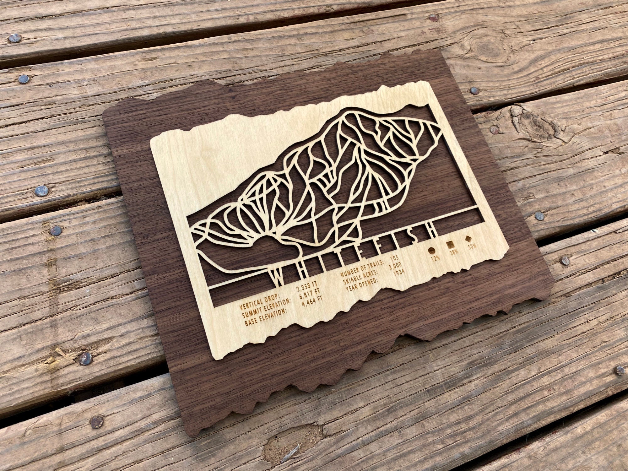 Angled view of Whitefish Ski Trail Map - Wood Ski Decor showing detailed trail carvings and engraved stats, perfect for ski-themed home decor.