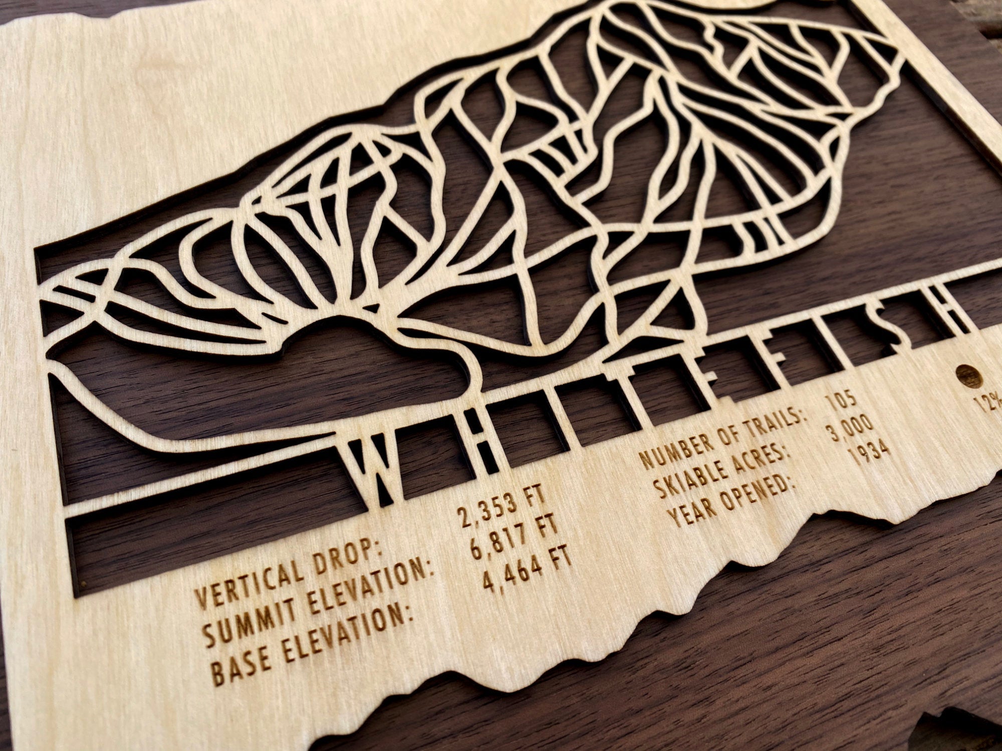 Detailed close-up of Whitefish Ski Trail Map - Wood Ski Decor showing engraved trail stats and precision-cut ski runs on layered wood.