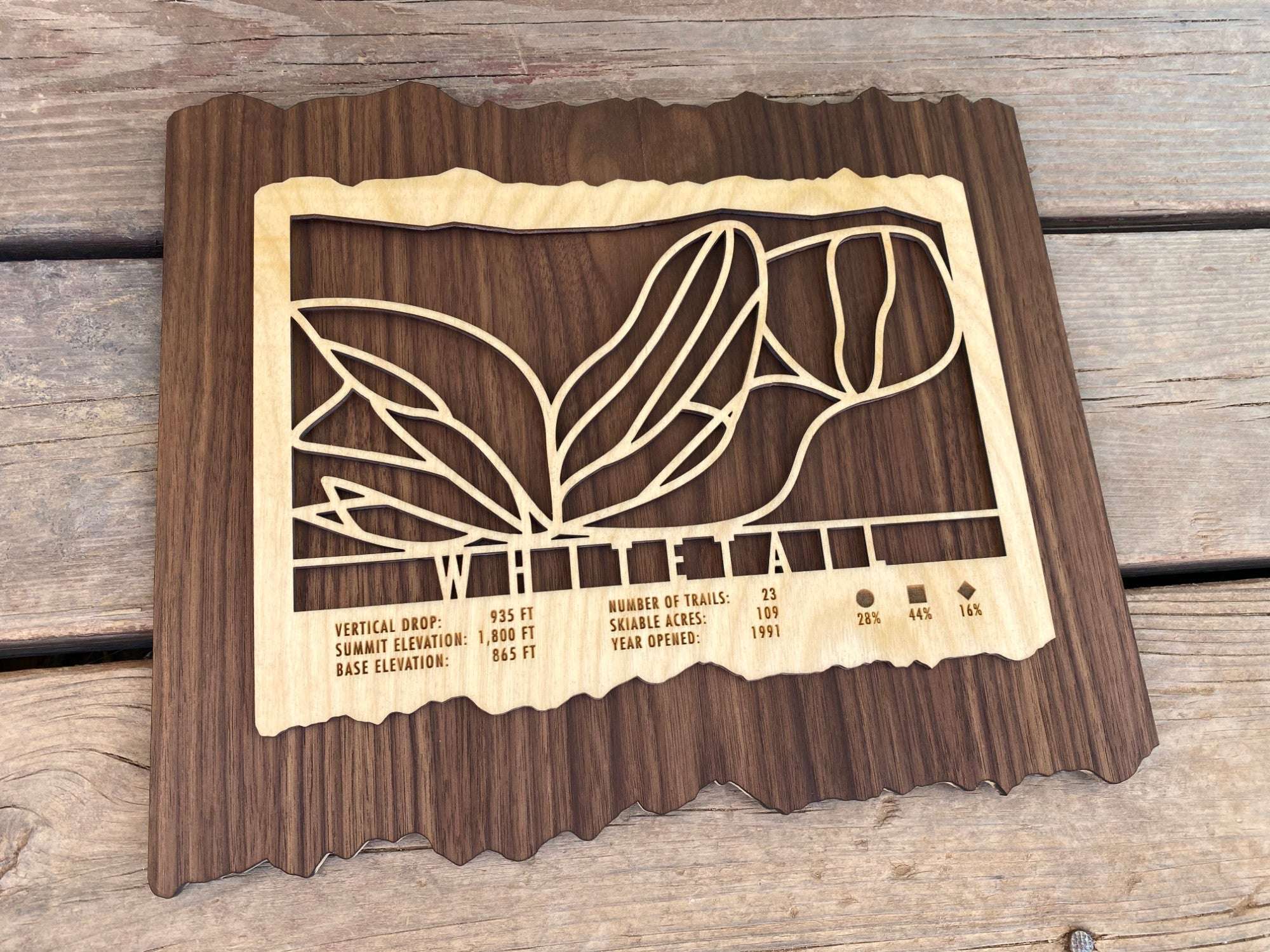 Whitetail Ski Trail Map - Wood Wall Decor displayed on wood surface, showcasing detailed ski trail design and engraved resort information.