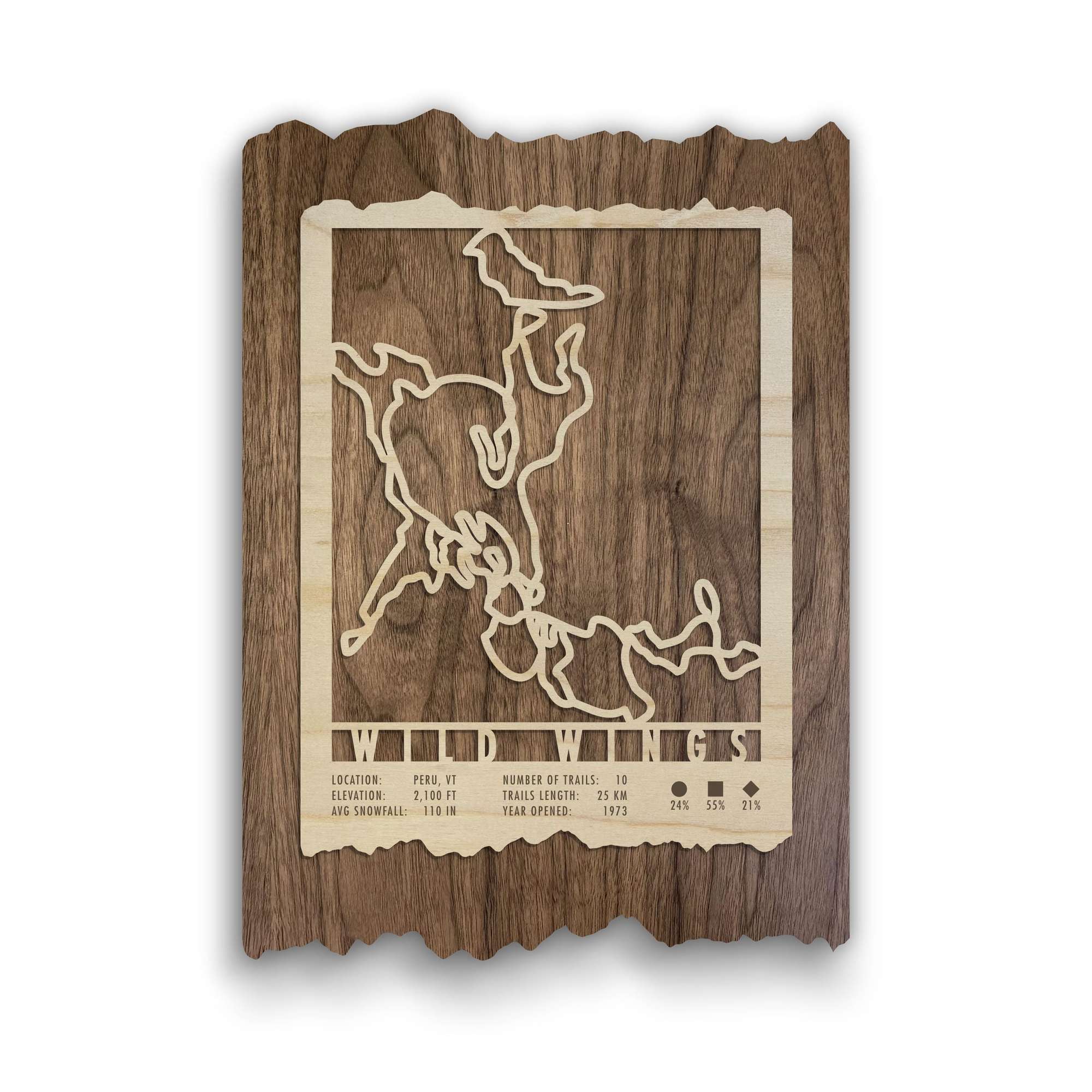 Wild Wings XC Trail Map - Wall Decor - Mountaincut wood ski map featuring detailed the cross-country trail layout in Vermont, ideal for rustic home or lodge decor.