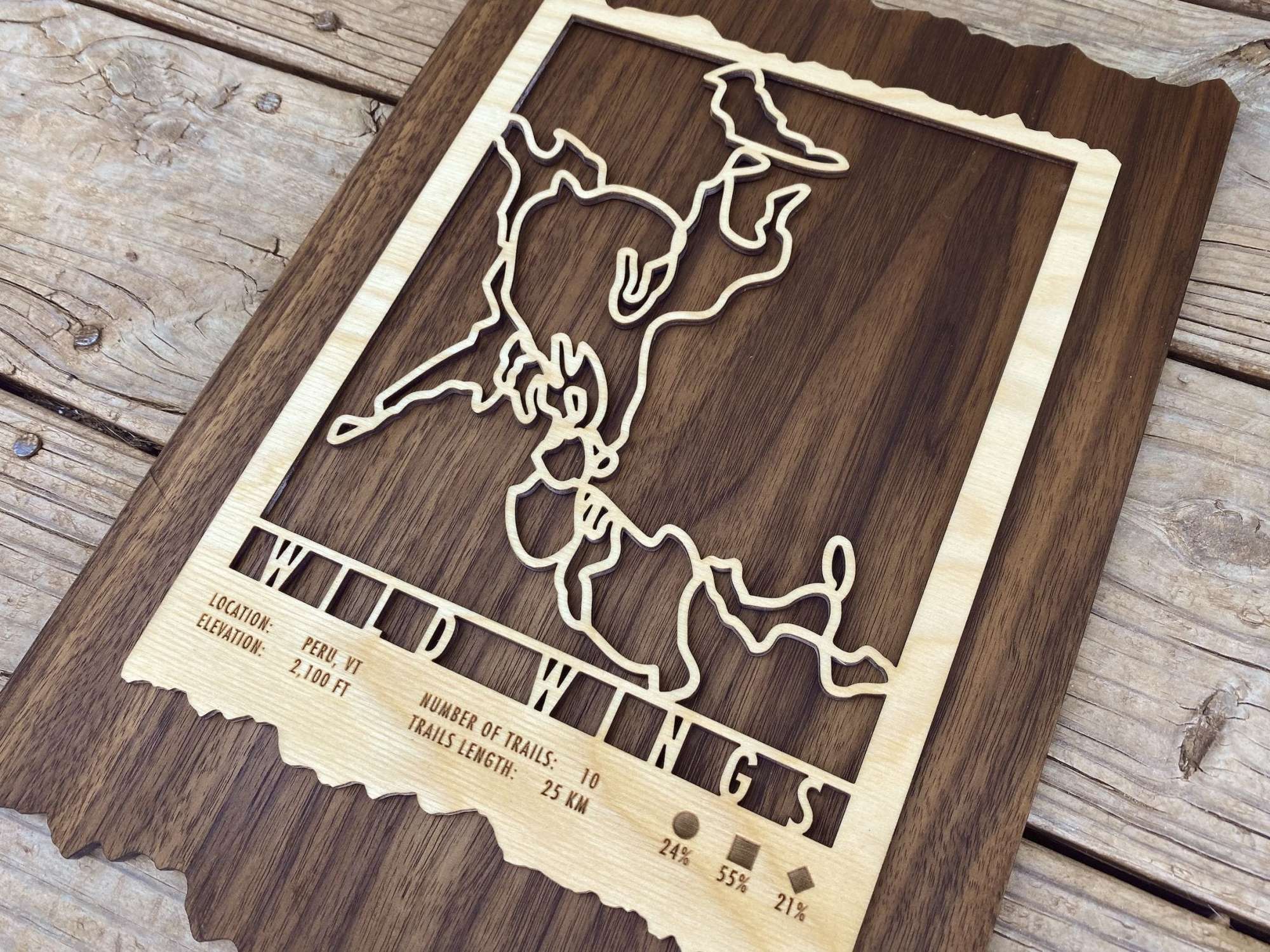Close-up of Wild Wings XC Trail Map, highlighting precision-cut XC ski trails and engraved trail stats on wood.