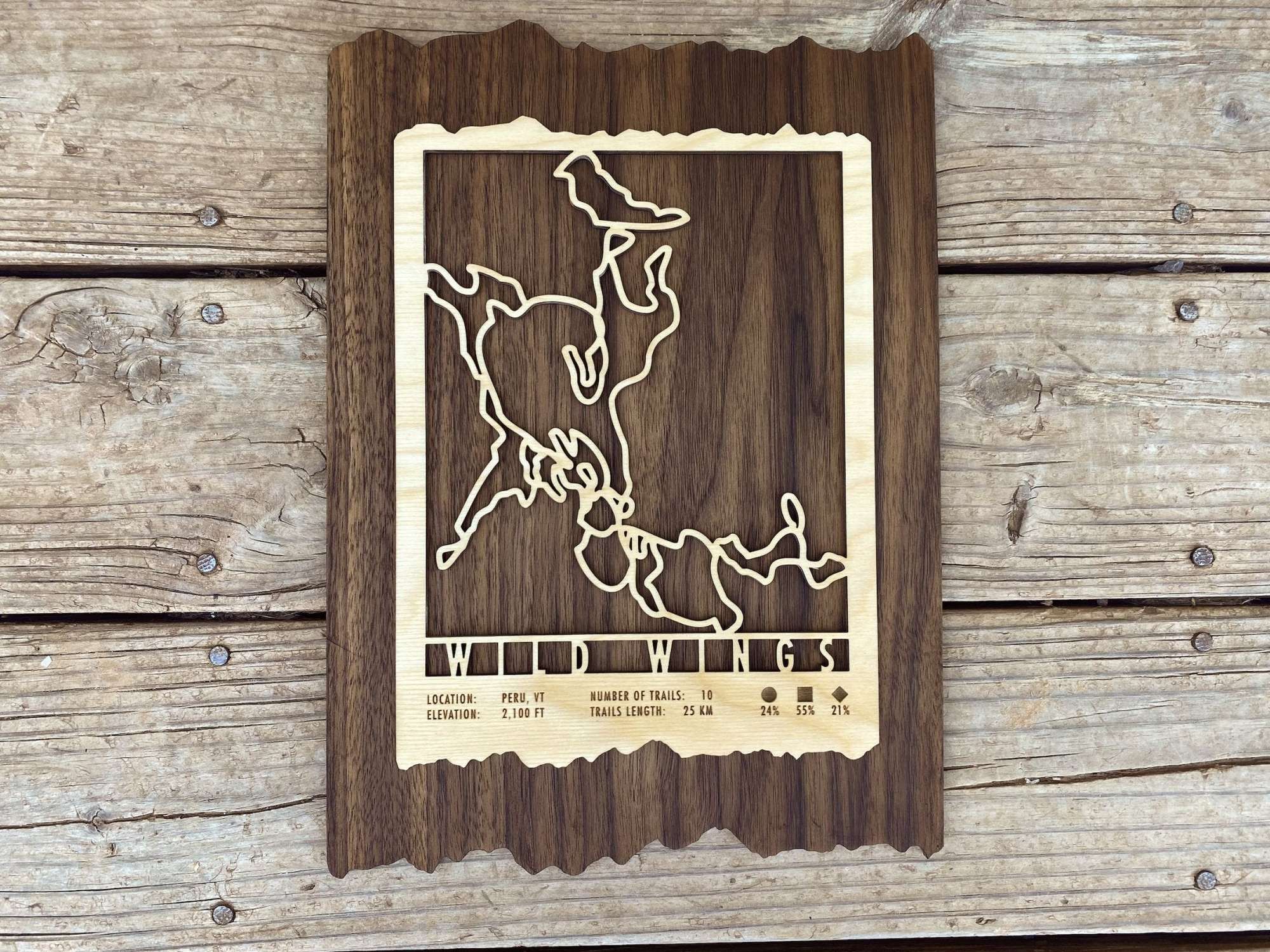 Full front view of Wild Wings XC Trail Map | Mountaincut, a handcrafted wooden nordic ski map perfect for Vermont XC ski enthusiasts.