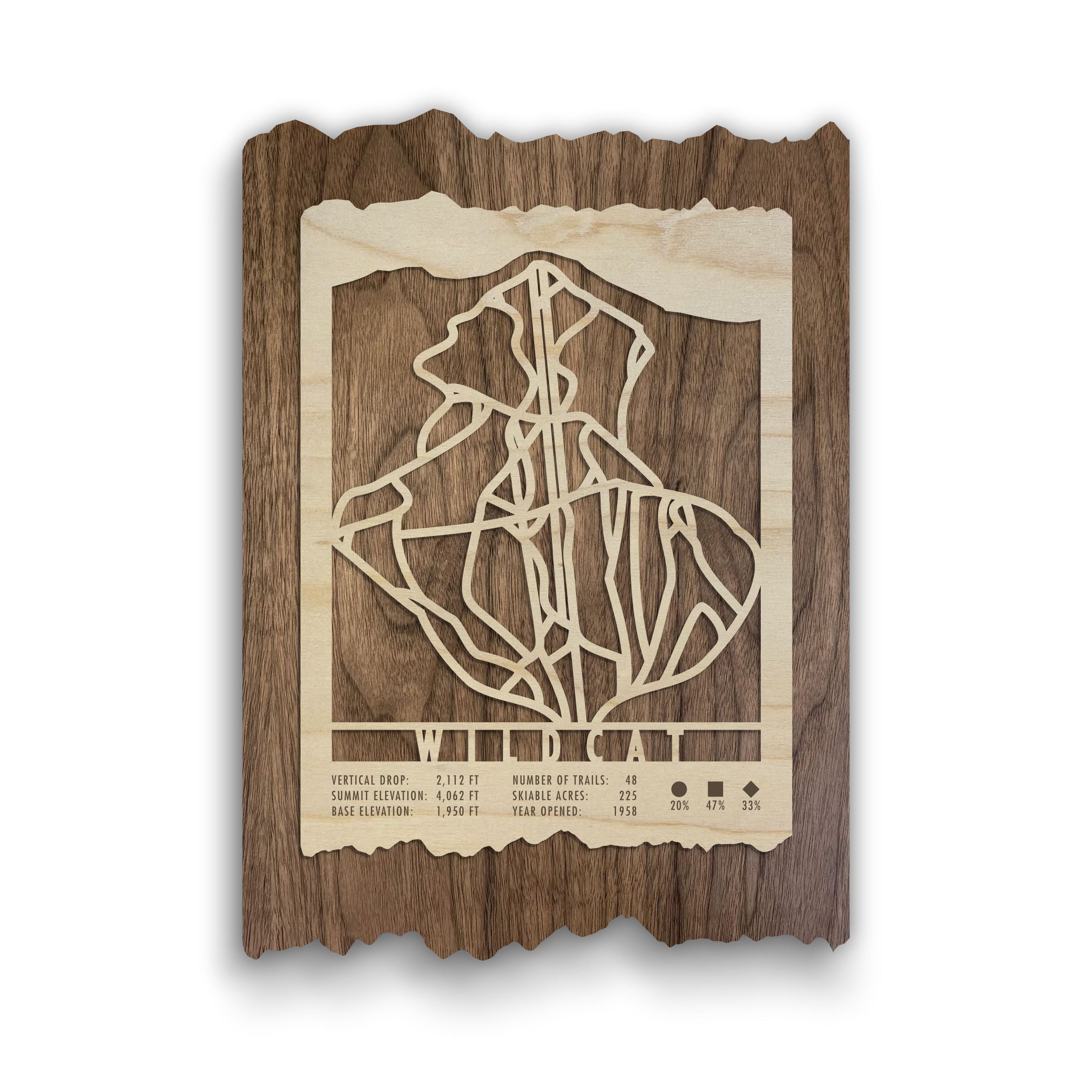 Wildcat Ski Trail Map - Wood Ski Decor by Mountaincut featuring laser-cut ski trails on natural wood, ideal for rustic home wall art.