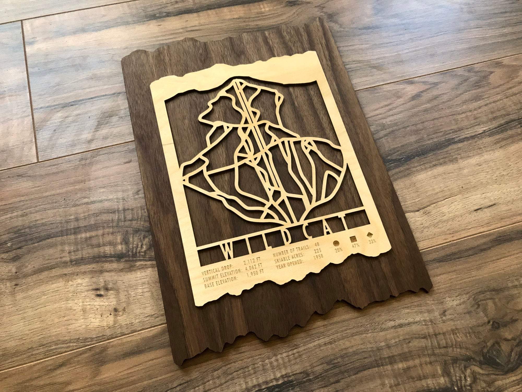 Wildcat Ski Trail Map - Wood Ski Decor displayed on wood flooring, showcasing its rustic aesthetic and mountain-themed design.