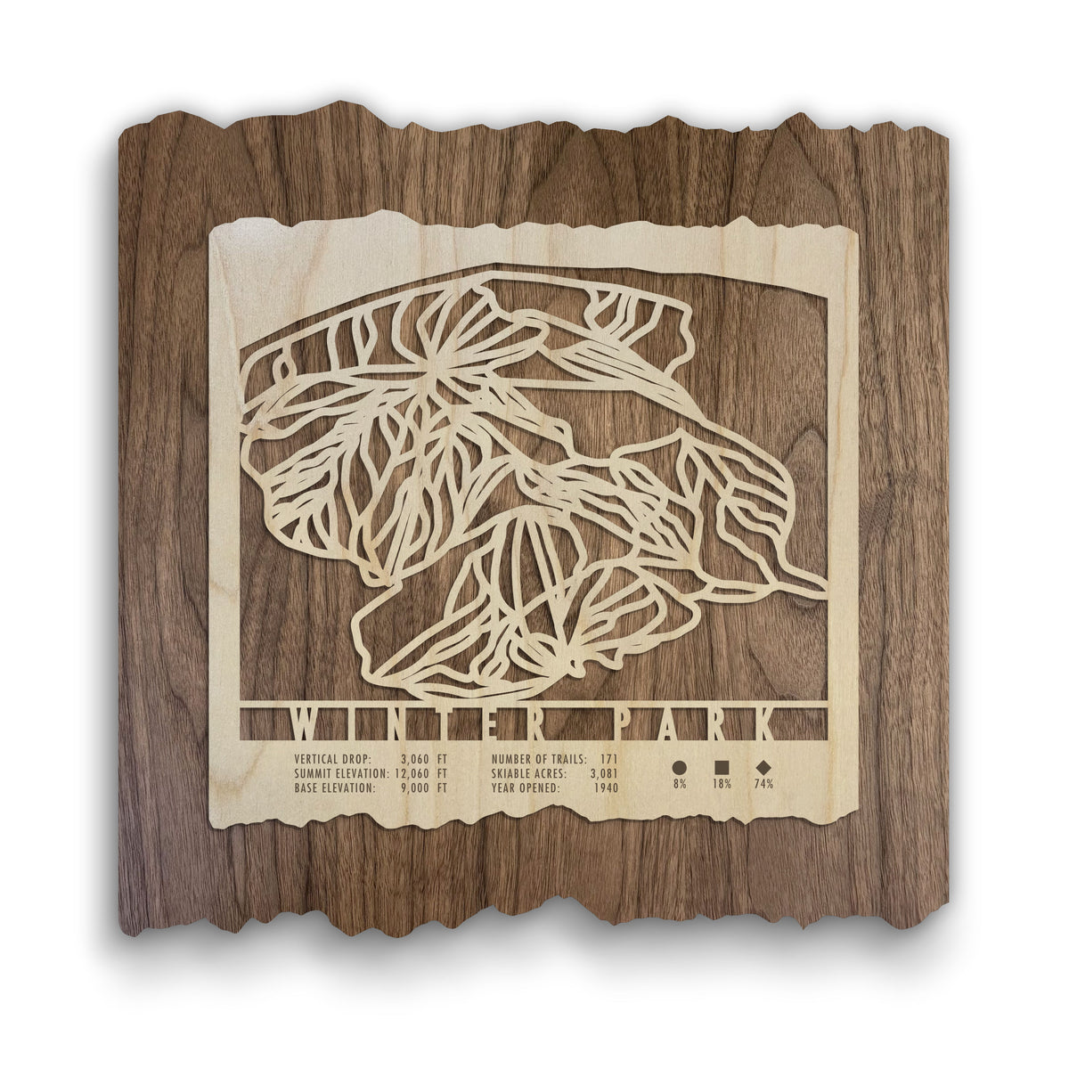 Winter Park Ski Trail Map - Wood Ski Decor - Mountaincut featuring intricate laser-cut ski trails on natural wood, ideal for ski lodge wall art.