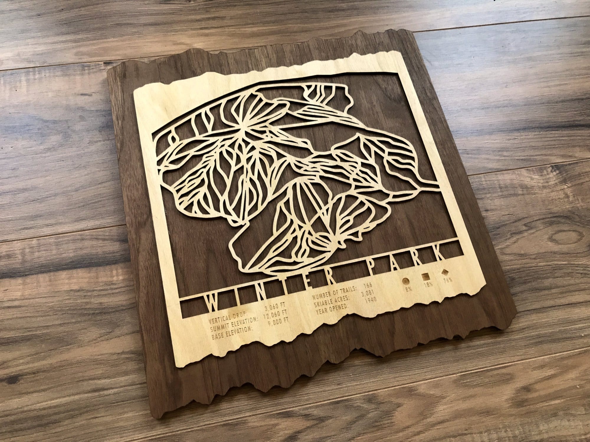Winter Park Ski Trail Map - Wood Ski Decor - Mountaincut laid on wooden floor, showcasing precision-cut ski trails and mountain contours.