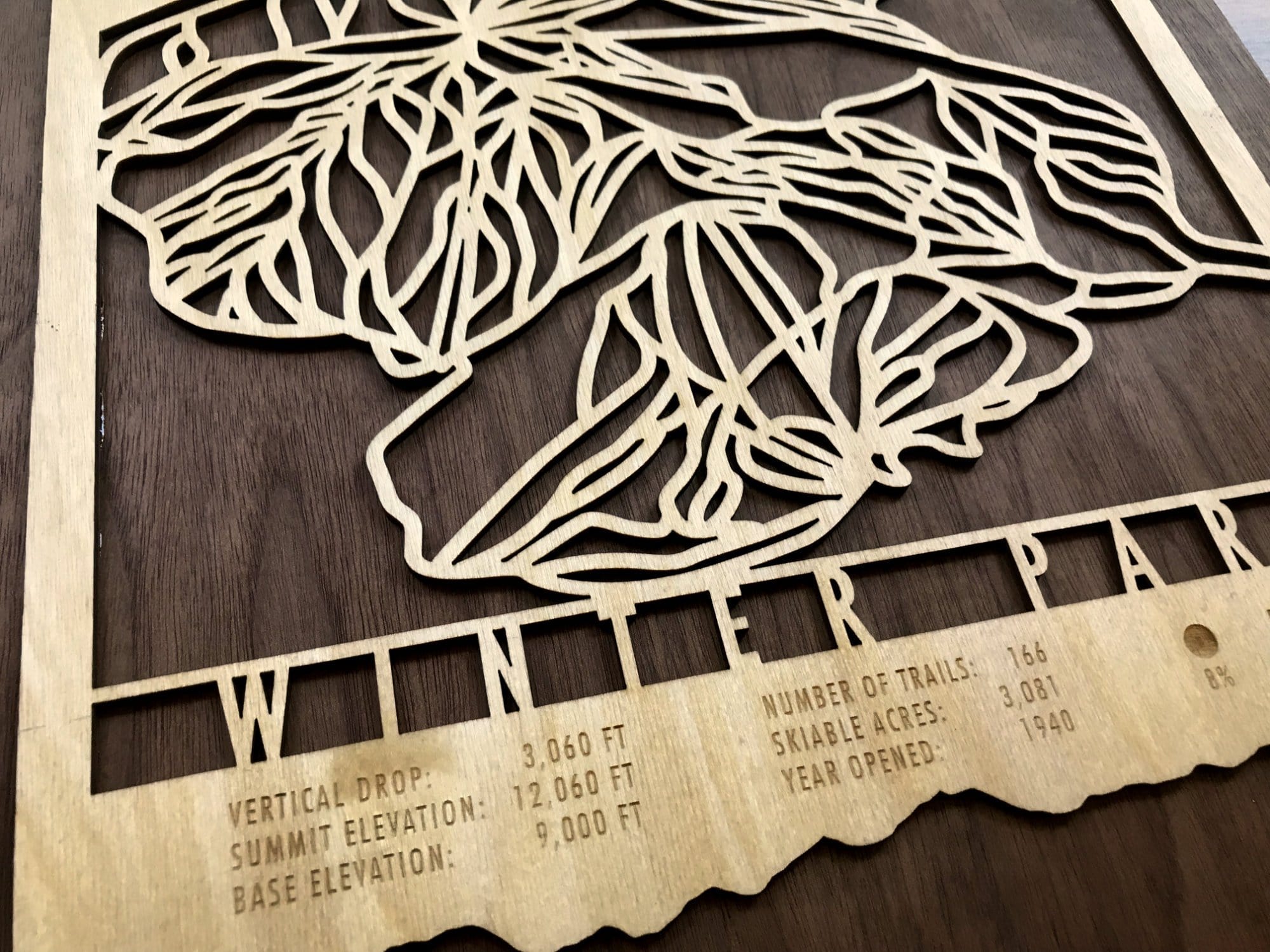 Close-up of Winter Park Ski Trail Map - Wood Ski Decor - highlighting trail details and engraved resort stats for Colorado ski lovers.