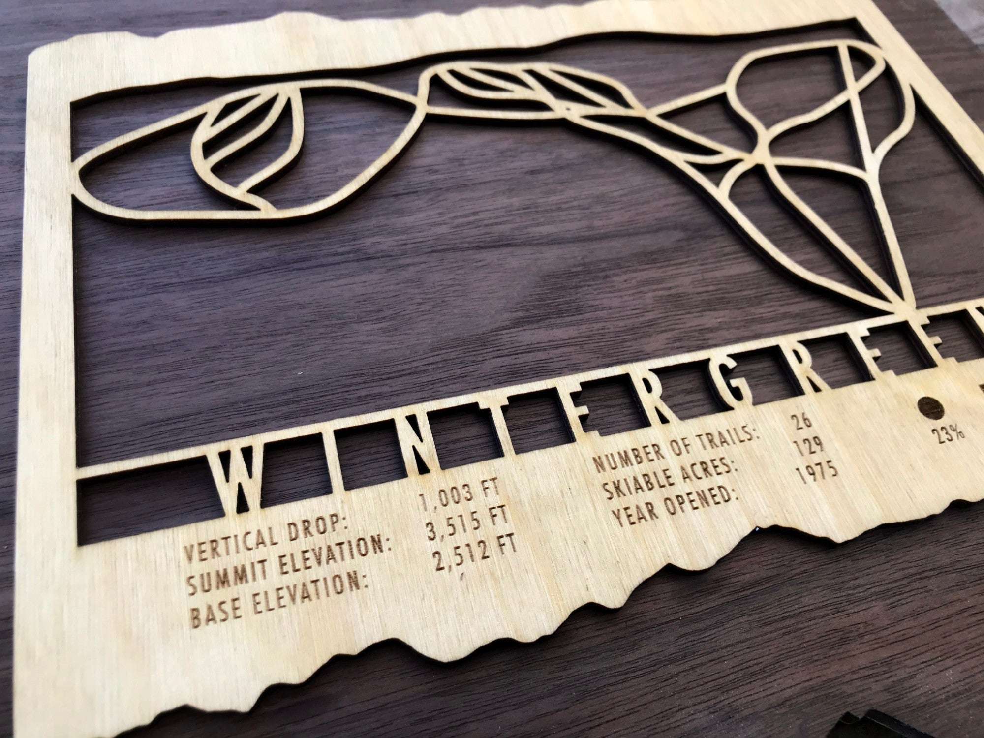 Detailed shot of Wintergreen Ski Trail Map - Wood Ski Decor showing engraved resort stats and intricate trail layout on layered wood.