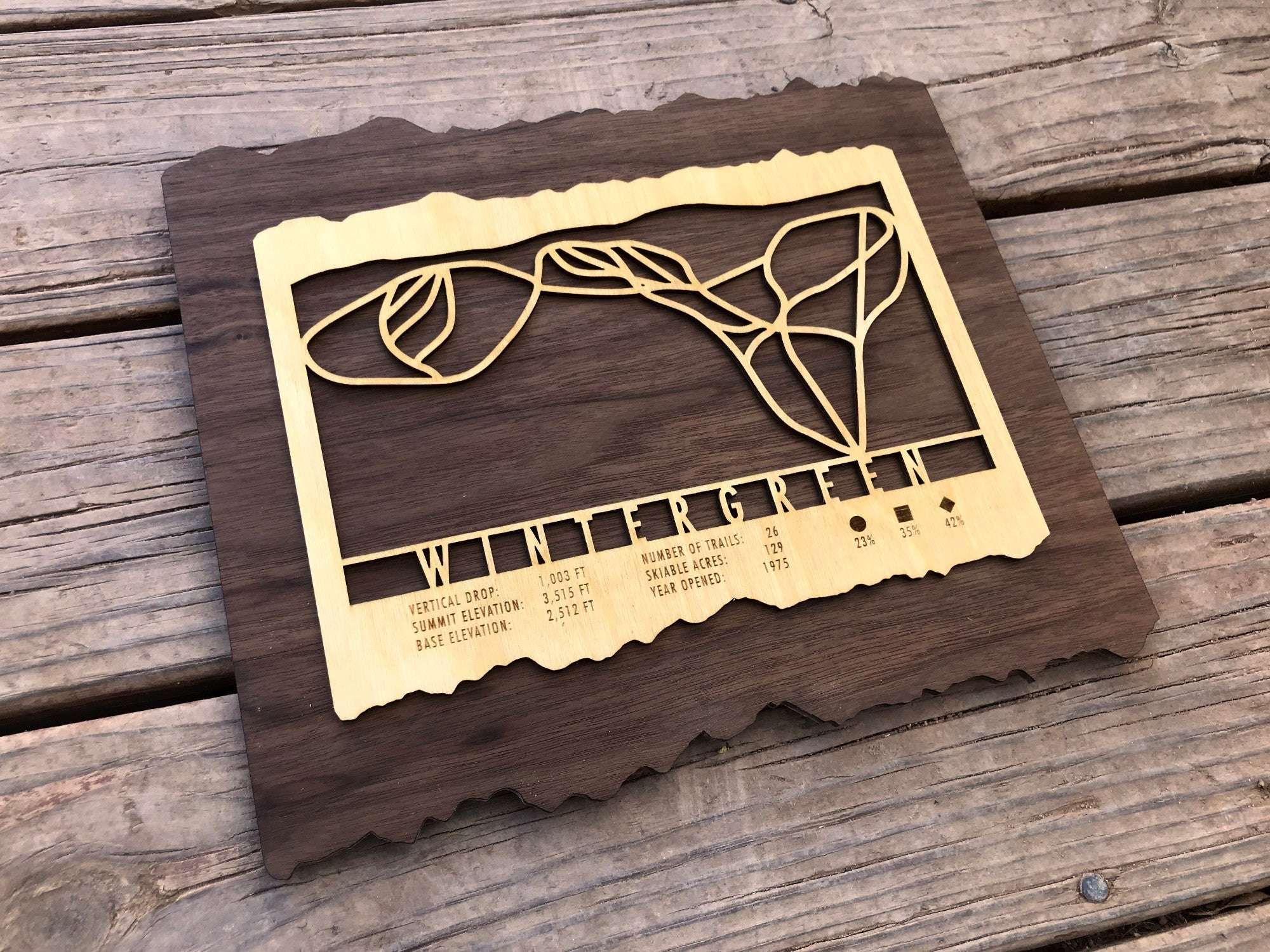 Angled view of Wintergreen Ski Trail Map - Wood Ski Decor showing detailed trail cutouts and engraved resort data, perfect for ski-themed wall art.