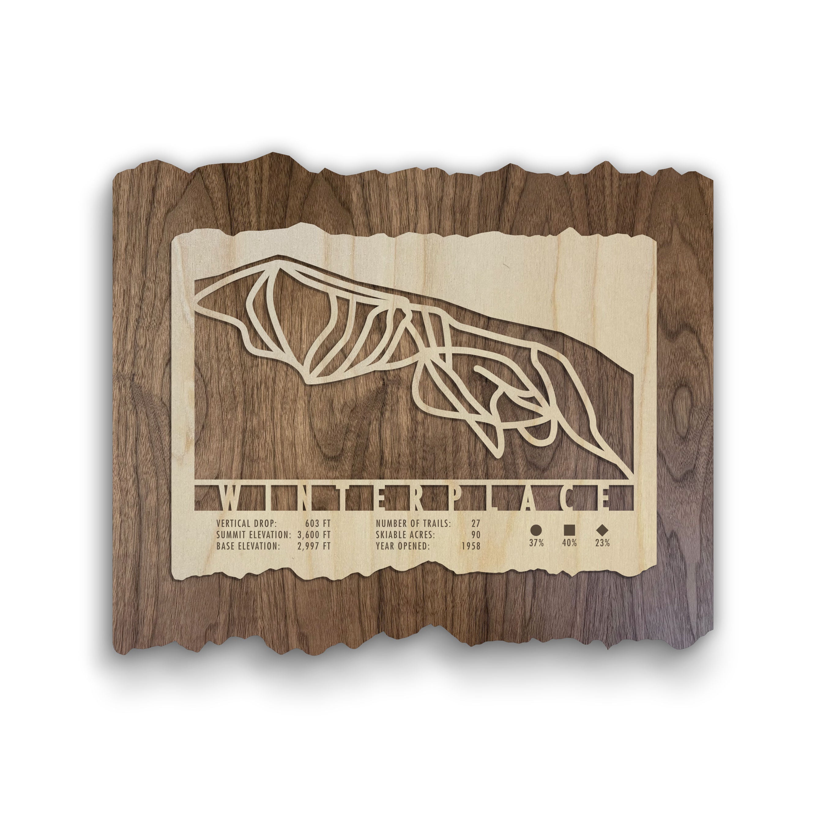 Winterplace Ski Trail Map - Wood Ski Decor by Mountaincut wall art featuring engraved ski trails on rustic wood, perfect for ski-themed home decor.