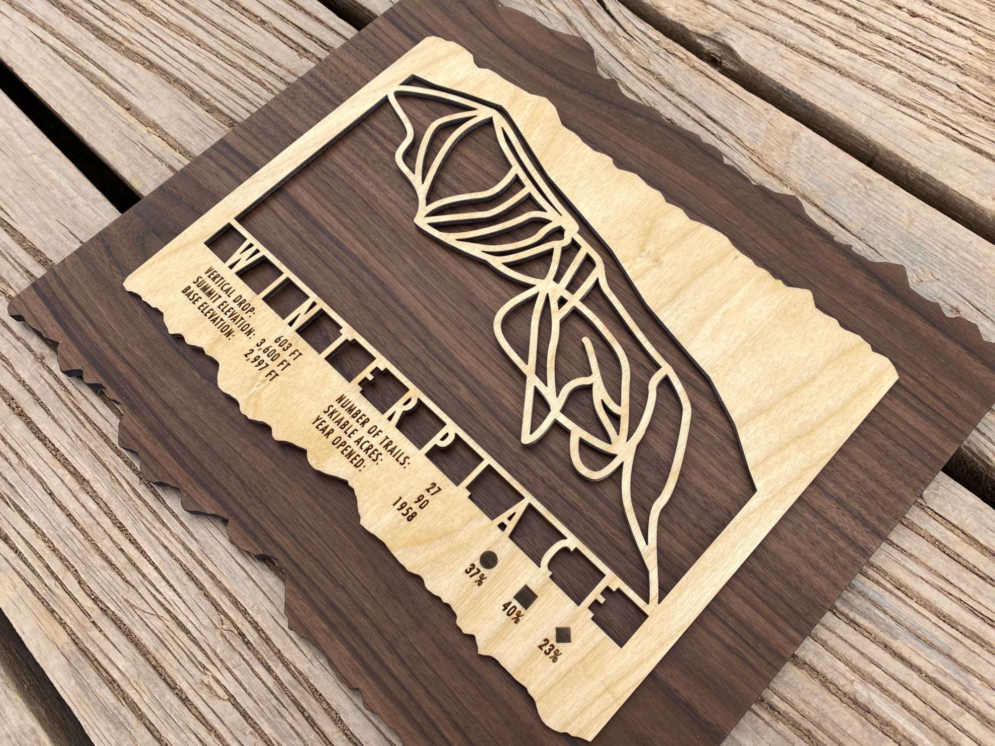 Winterplace Ski Trail Map - Wood Ski Decor by Mountaincut - handcrafted wood ski trail map with engraved resort stats, great for rustic home decoration.