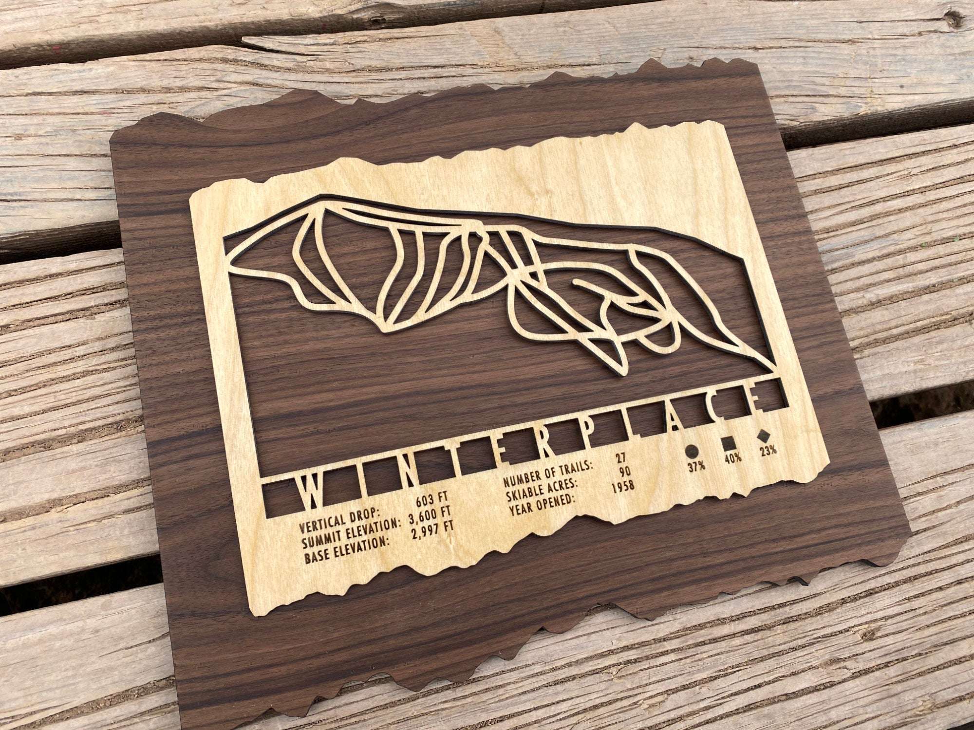 Winterplace Ski Trail Map - Ski Decor by Mountaincut - laser-cut wood ski map displayed on outdoor wood surface, ideal gift for West Virginia skiers.