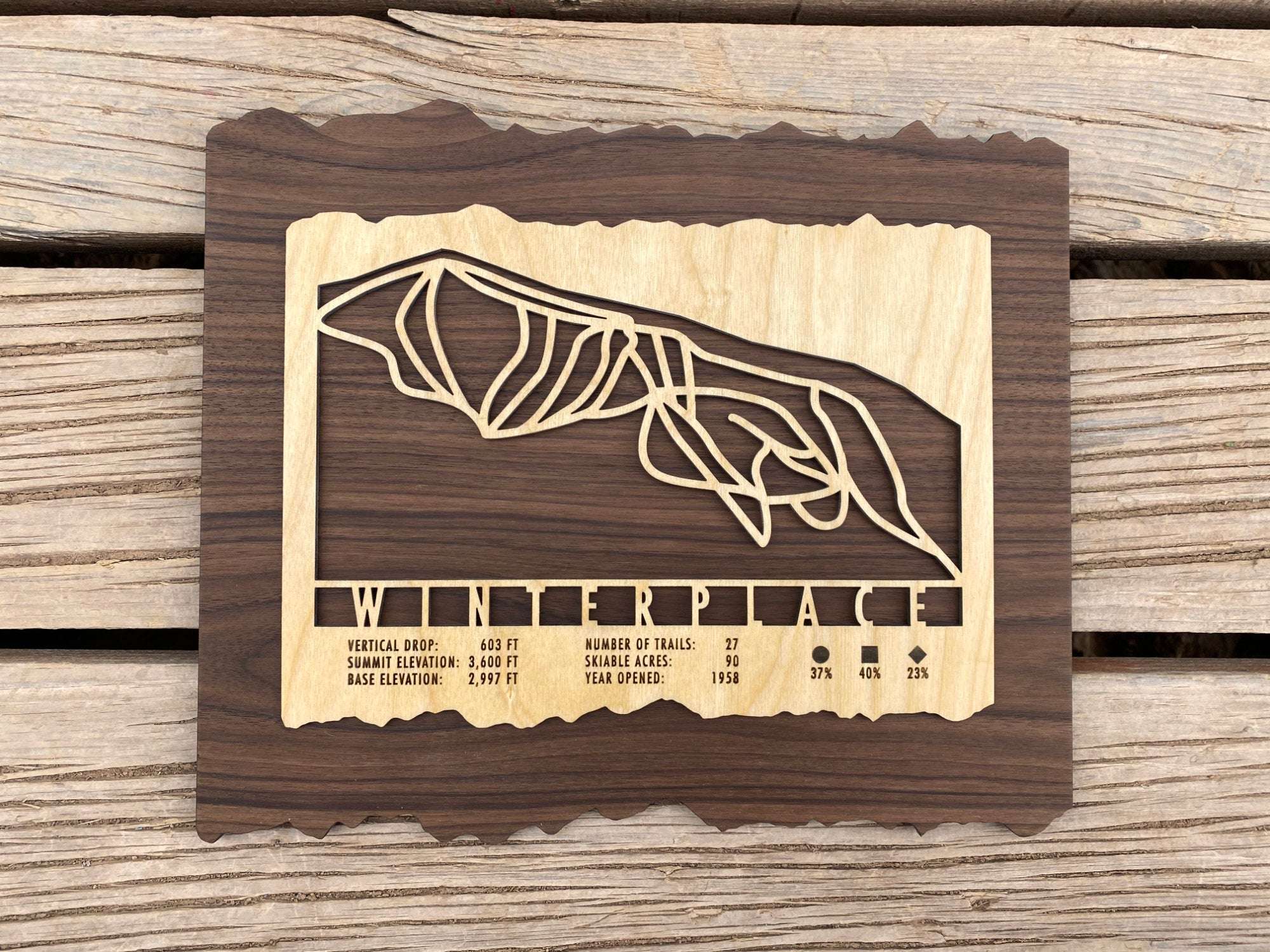 Winterplace Ski Trail Map - Wood Ski Decor - Mountaincut square wood ski map art with trail layout and resort info, perfect for ski lodge wall decor.