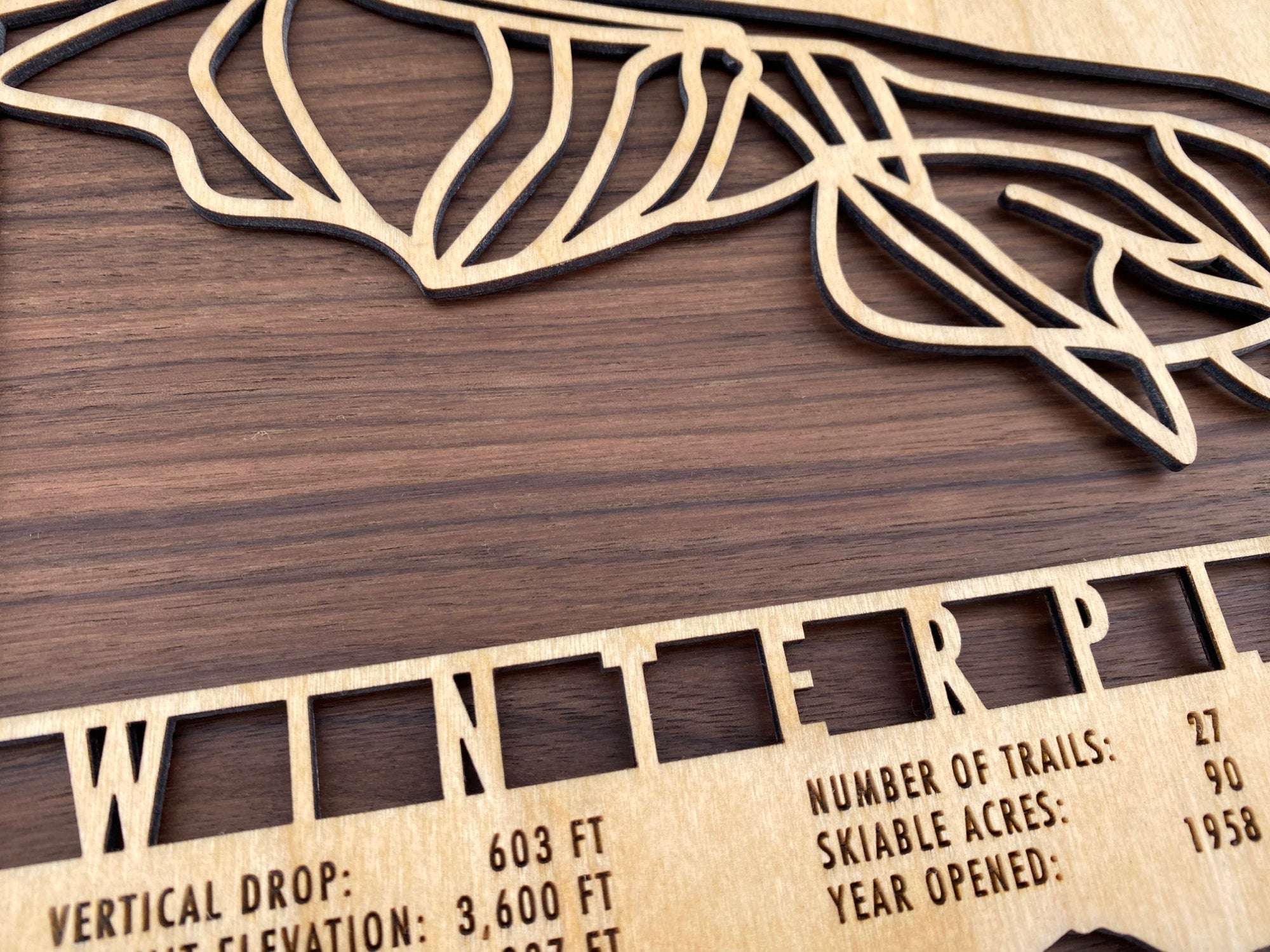 Winterplace Ski Trail Map - Wood Ski Decor by Mountaincut close-up of detailed laser engraving and wood grain texture, showcasing premium craftsmanship.